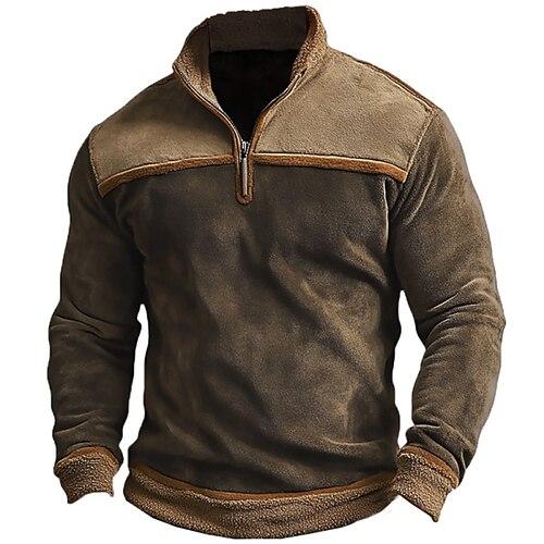 Herren Sweatshirt Fleece-Sweatshirt Viertelreißverschluss Sweatshirt Kamel Stehkragen Farbblock Sport Outdoor Lässig Täglich Vintage Streetwear Frühling Herbst Bekleidung Kapuzenpullover Sweatshirts