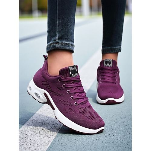 Lila Flyknit-Laufschuhe für Damen – leichte, atmungsaktive Sport-Sneaker fürs Fitnessstudio, Joggen, Spazierengehen und die alltägliche Freizeitkleidung Image