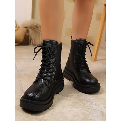 Damen Stiefel Sexy Stiefel Täglich Schnürung Flacher Absatz Runde Zehe Lässig Kunstleder Schnürung Schwarz Gold