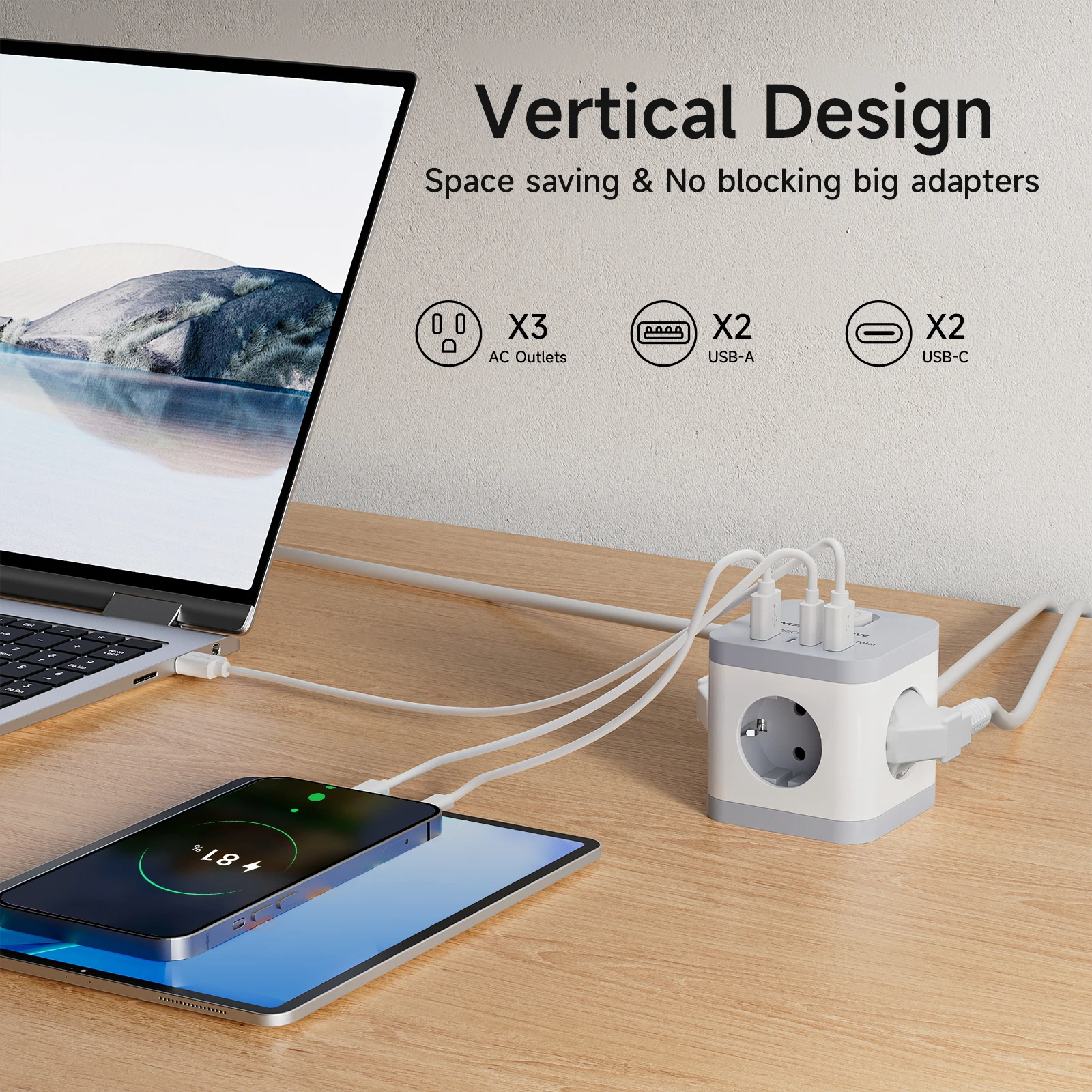 1 Stück EU White CUBE POWER STRIP 10 Fuß Verlängerungskabel 3AC 2 USB-A+2 USB-C 16A 3680W Geeignet für Familien, Arbeiten und Reisen Image