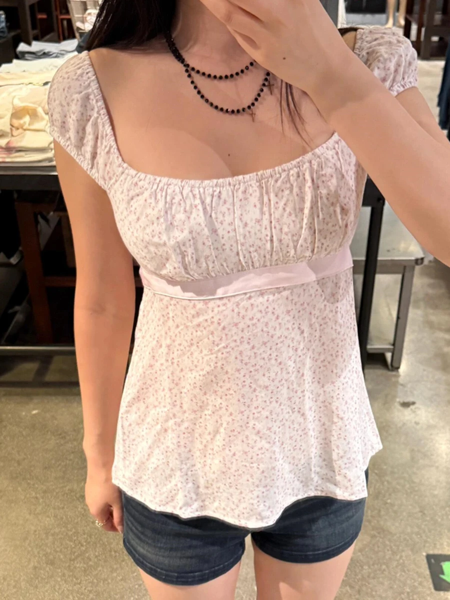 Rosa Floral Lace-up T-shirt Bluse Frauen Sexy Falten Quadrat Kragen Schlank Puff Sleeve Tees Sommer Vintage Süße Backless tops Neue