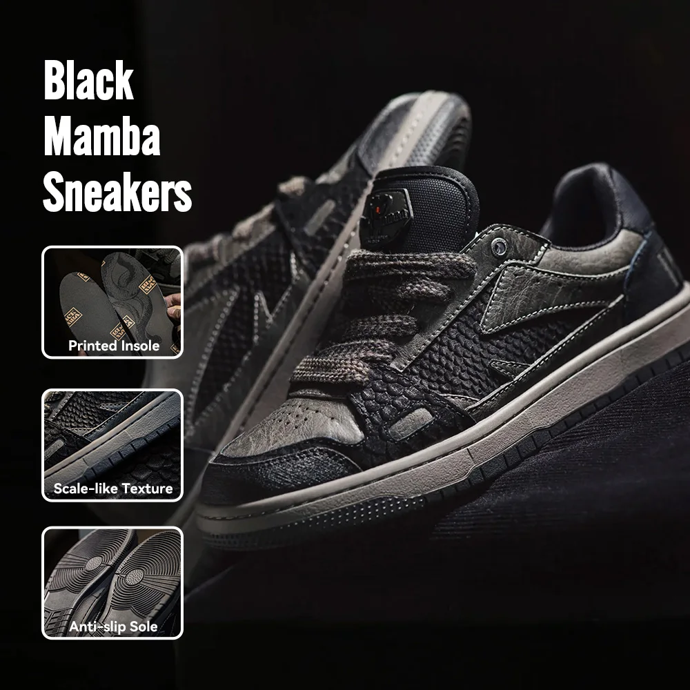 Maden Spring Casual Snake Year Black Mamba Herren-Sneaker, niedrige Oberseite, flache Sohle, vielseitige schwarze Schuhe für Herbst-Skateboard-Schuhe