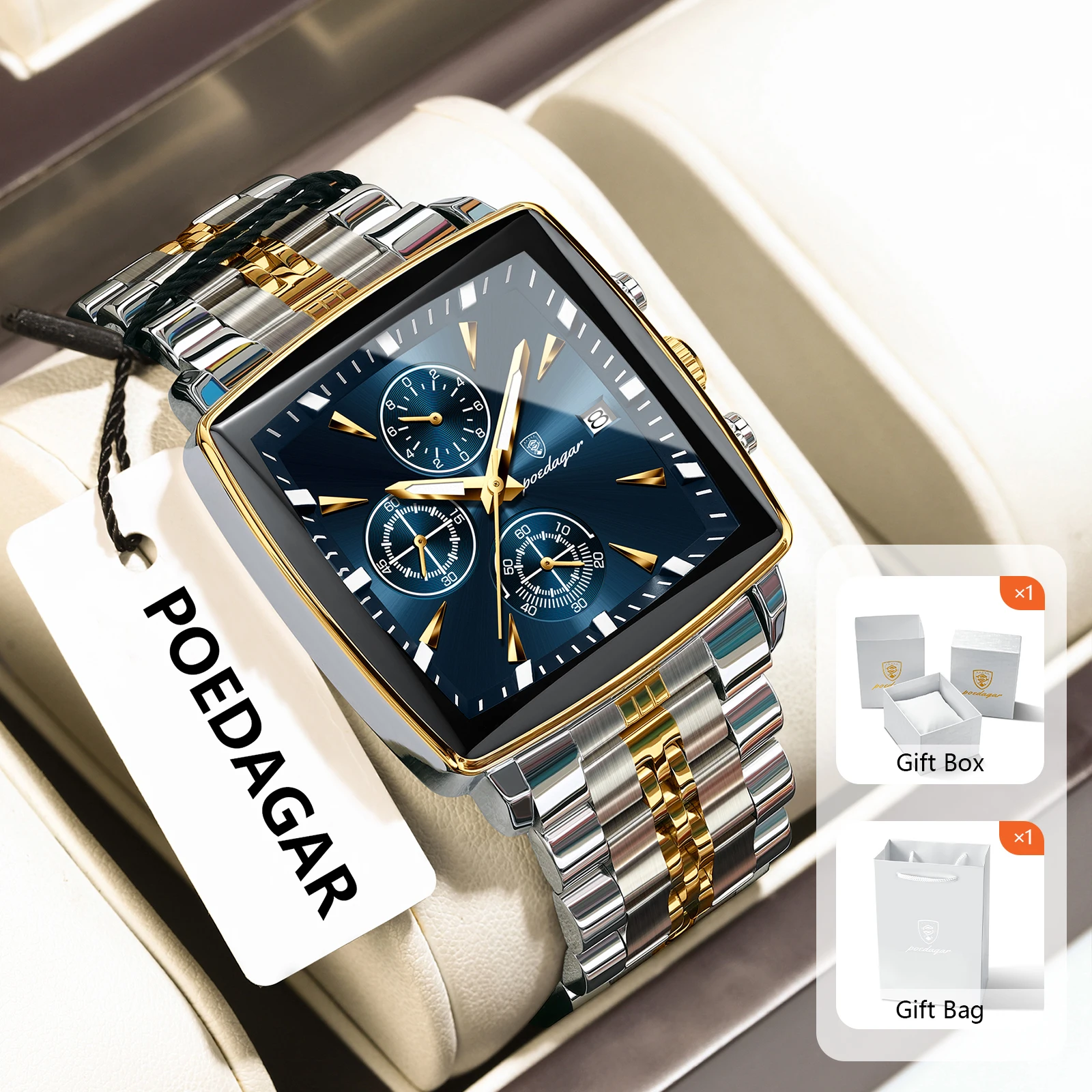 POEDAGAR Original Herrenuhren Wasserdicht Edelstahl Leuchtende Herrenuhr Chronograph Datum Mode Quarz Mann Armbanduhr + Box Image