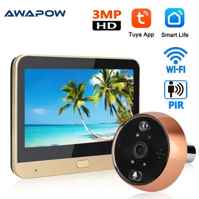 Awapow 3MP Tuya Peephole Cameras Video Intercom Doorbell Wifi Door Eye Digital Cameras 1080P PIR Detection Smart Home Security