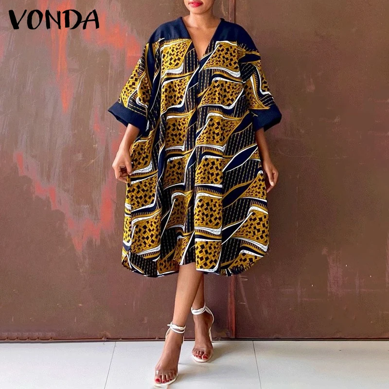 Plus Größe 5XL VONDA Frauen Sommer Kleid 2025, Bohemian Gedruckt Sommerkleid Lose V-ausschnitt Strand Midi Vestidos 3/4 Hülse Casual robe