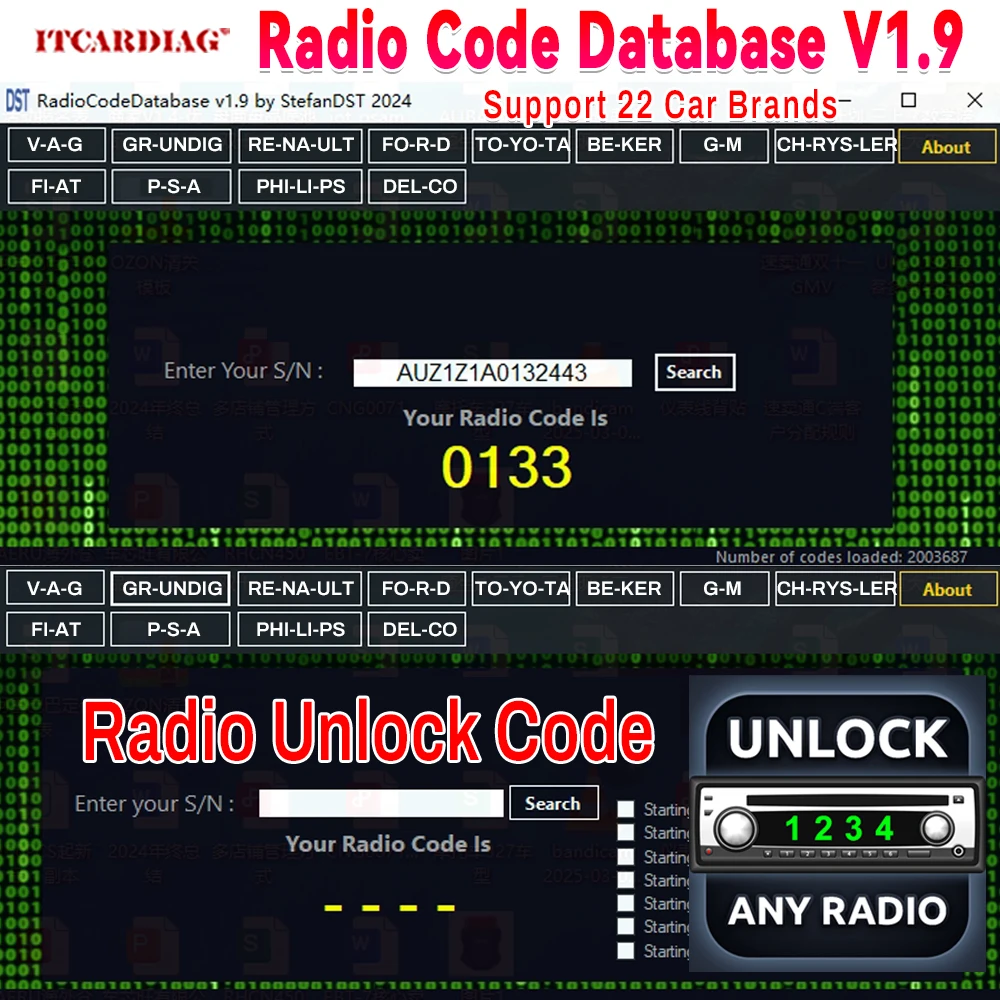 Autoradio Entsperren Code Radio Code Datenbank V1.9 Kaller Neu Hinzufügen für PSA für Fiat für Audi für Toyota für Ford usw Image