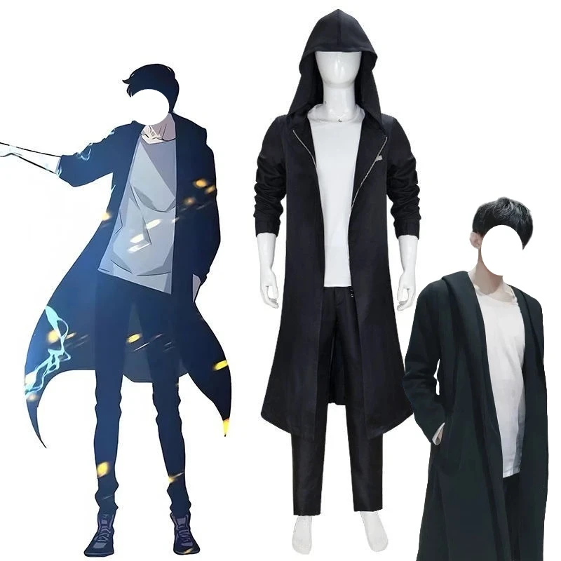Anime Sung Jin Woo Cosplay Kostüm Weiß Kurze Ärmel Schwarze Hose Lange Robe Mantel Perücke Komplettes Set Rollenspiel Outfit für Männer Image