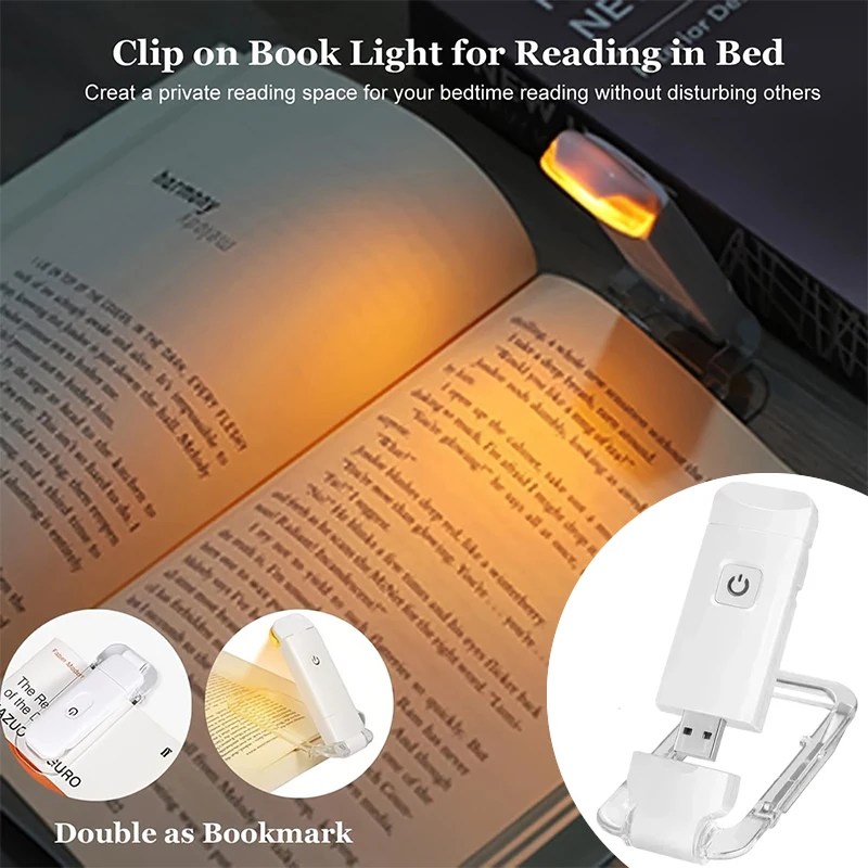 Wiederaufladbare Clip-On-Leselampe, 4000 K Warmweiß und 1550 K bernsteinfarbenes Nachtlicht, dimmbare Lesezeichenlampe, tragbar, Nachttisch, Camping