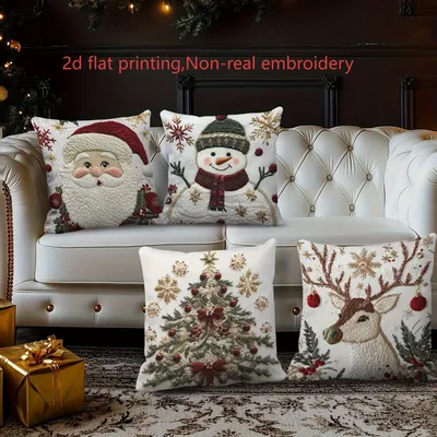 Festliche Weihnachtskissenbezüge – Weihnachtsmann-, Schneemann-, Hirsch- und Baumdesigns, nicht echtes Stickerei-Polyester, maschinenwaschbar Image