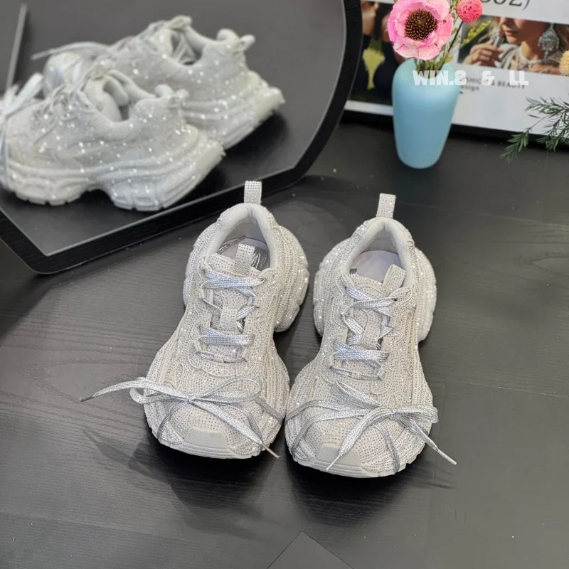 Klobige Turnschuhe für Damen, voller Diamantriemen, dicke Sohle, lässige Sportschuhe, Rot, Rosa, Gelb, Bonbonfarben, Turnschuhe, Pariser Mode