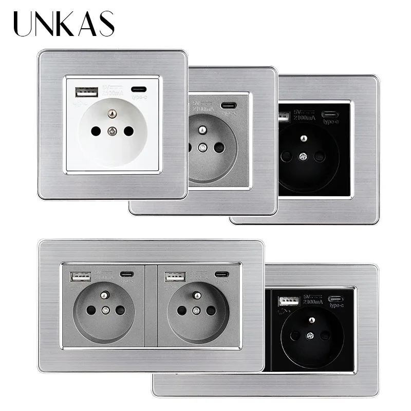 Typ-C-Anschluss, 16 A, französischer Stecker, 5 V, 2100 mA, mit USB-Buchse, Edelstahl-Panel, Leistung, Weiß, Grau, Schwarz, 86 mm x 86 mm Steckdose Image