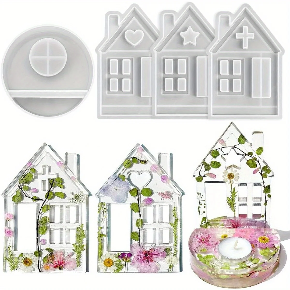 Teelichthaus Silikonformen, Herz/Kreuz/Weihnachtshaus Kerzenhalter Form Image