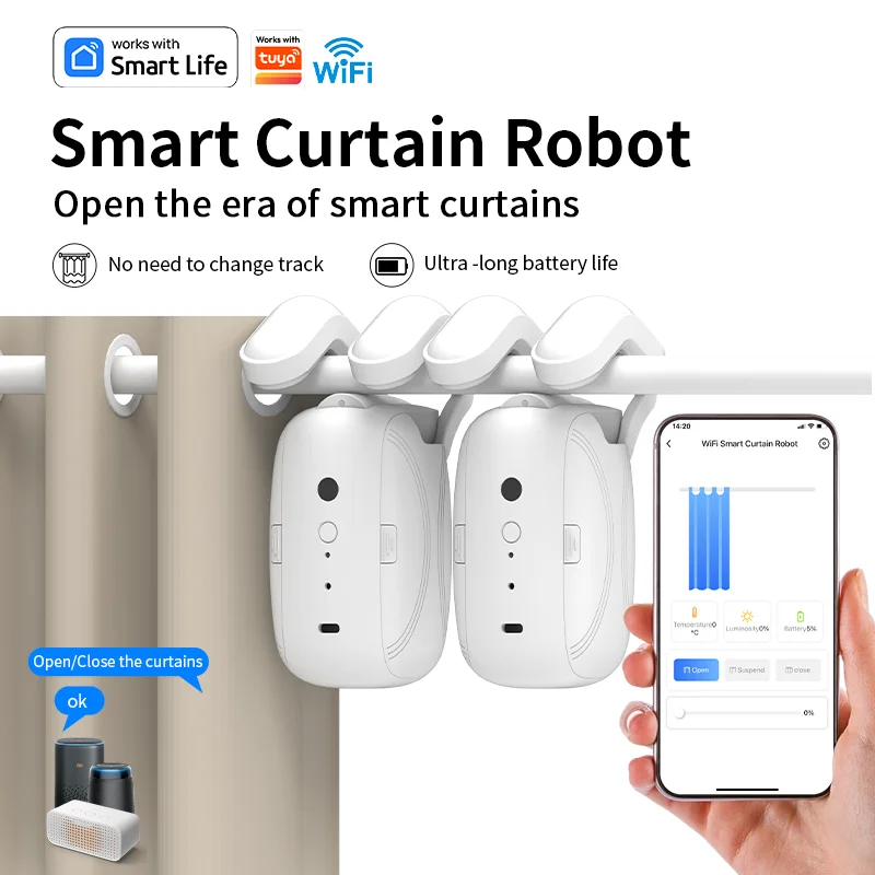 2 Stück Wi-Fi Smart Curtain Robot mit Sprachsteuerung, Roman Rod Track, App-Fernbedienung, Alexa- und Google Home-Kompatibilität Image