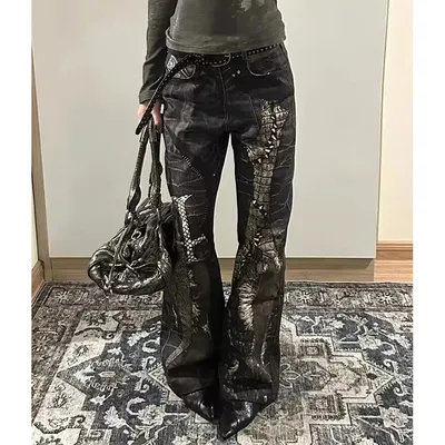 Grunge Python Embossed Carpenters Asymmetric Jeans Gothic Dark Street Micro Flares Trousers Cross Patchwork Black Denim Pants