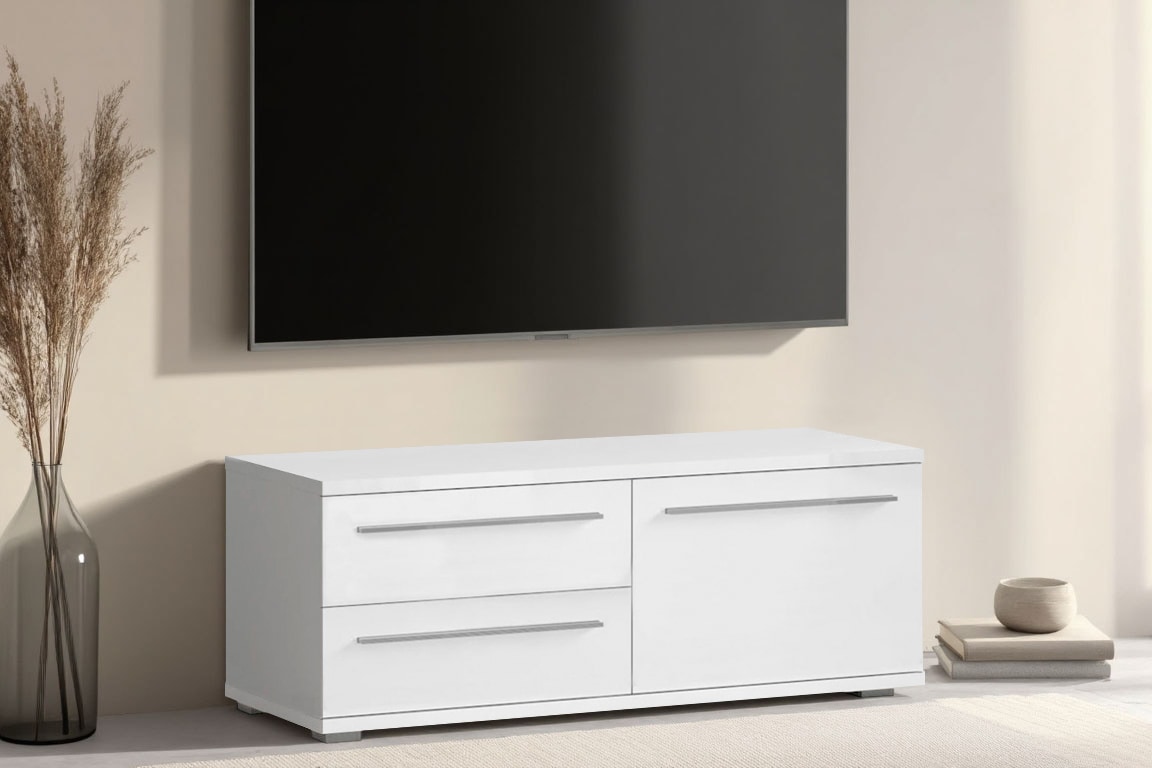 TV-Board PLACES OF STYLE "Piano", weiß (weiß 70 hochglanz), B:120cm H:46,2cm T:45,2cm, Spanplatte, Sideboards, UV lackiert, mit Soft-Close-Funktion