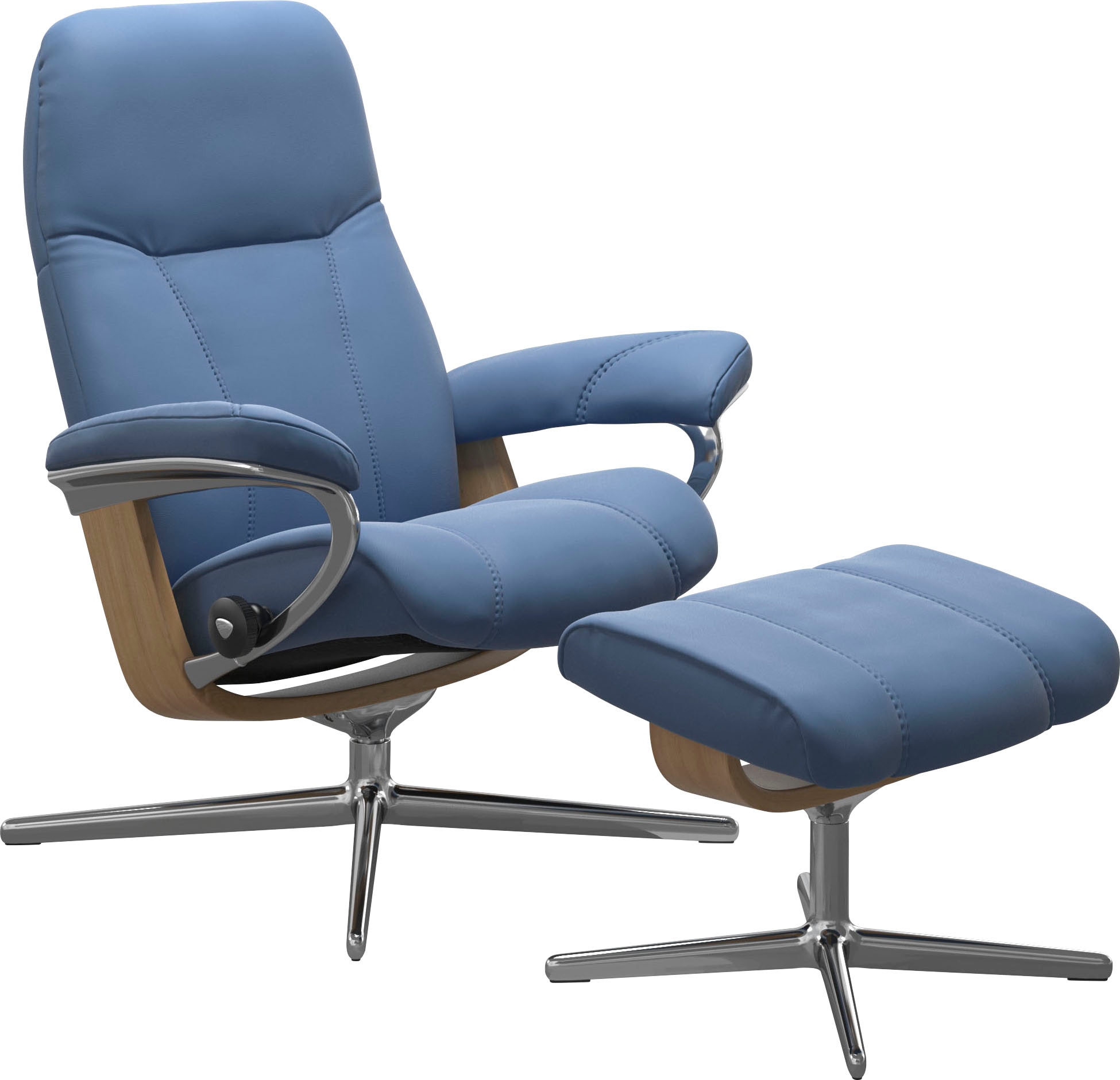Relaxsessel STRESSLESS "Consul", blau (lazuli blau), B:82cm H:102cm T:72cm, Sessel, Relaxsessel, mit Hocker, mit Cross Base, Größe S, M & L, Holzakzent Eiche
