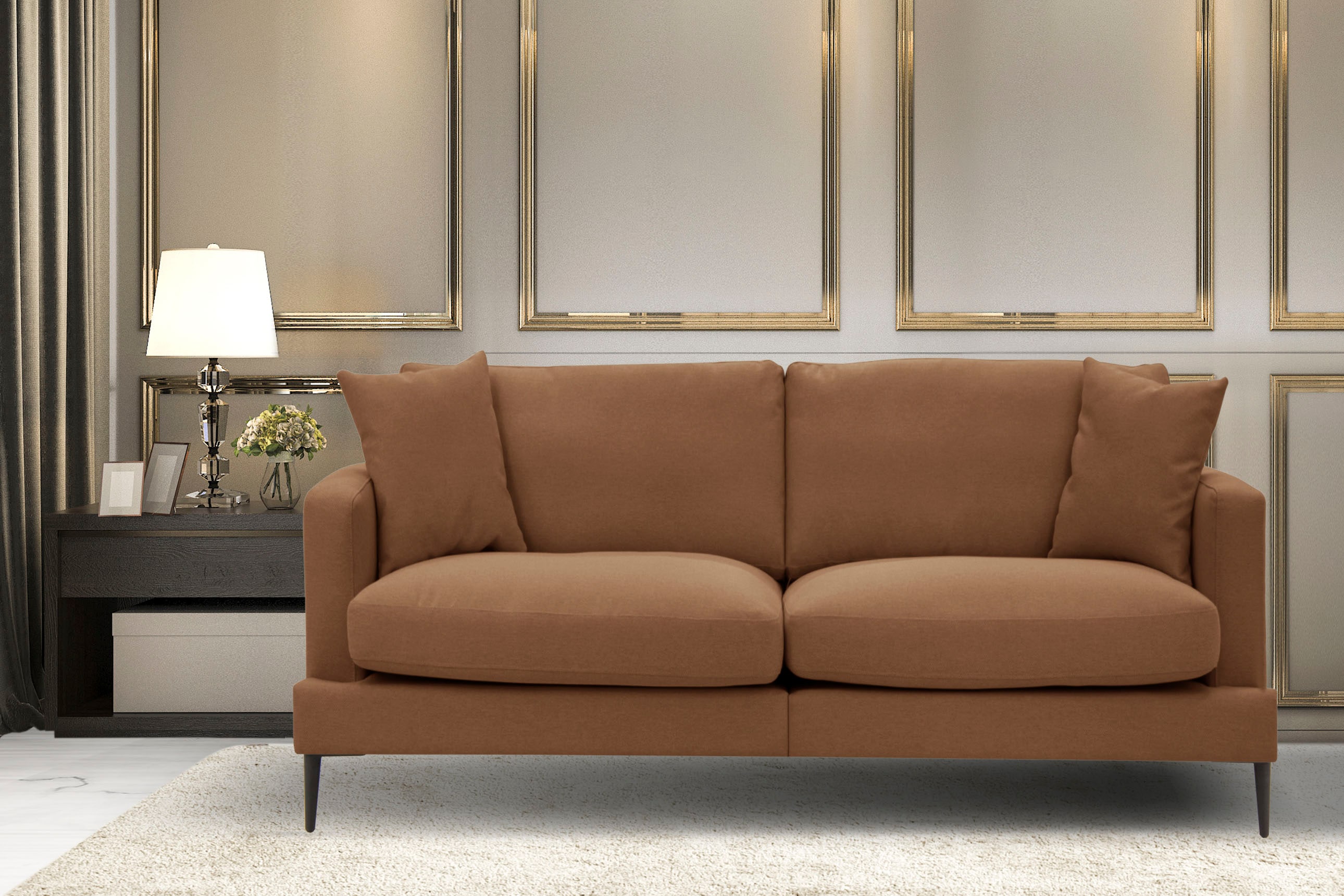 2-Sitzer HOME AFFAIRE "Cozy elegantes Designsofa, Maße B/T/H: 151/97/80 cm", orange (terra), B:151cm H:80cm T:97cm, Samtoptik (100% Polyester);Struktur (100% Polyester), Sofas, mit losen Kissen und Metallbeinen