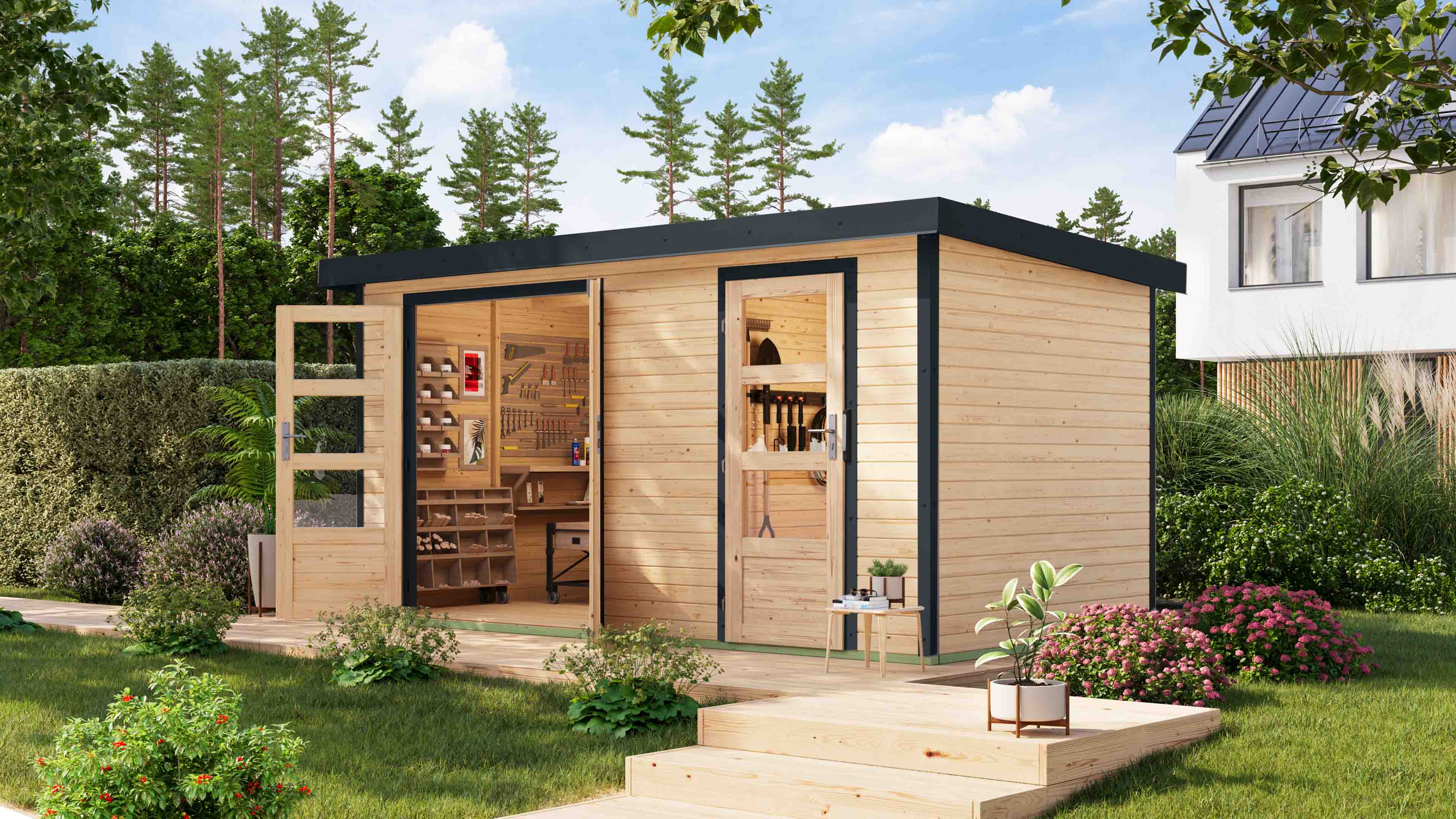 Gartenhaus KARIBU ""Merkur A"", schwarz (naturbelassen, schwarz), ohne Fußboden, ohne Dacheindeckung, Holz, Stahl, Gartenhäuser, Gartenhaus, langlebige Kombination aus Holz- und Metallelementen