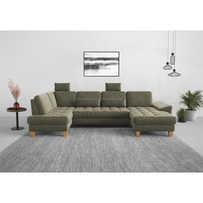 Wohnlandschaft SIT & MORE "Westham U-Form", grün (lindgrün), B:338cm H:88cm T:172cm, 100% Polyester, Sofas, wahlweise mit Bettfunktion, Bettkasten, Sitztiefenverstellung Image