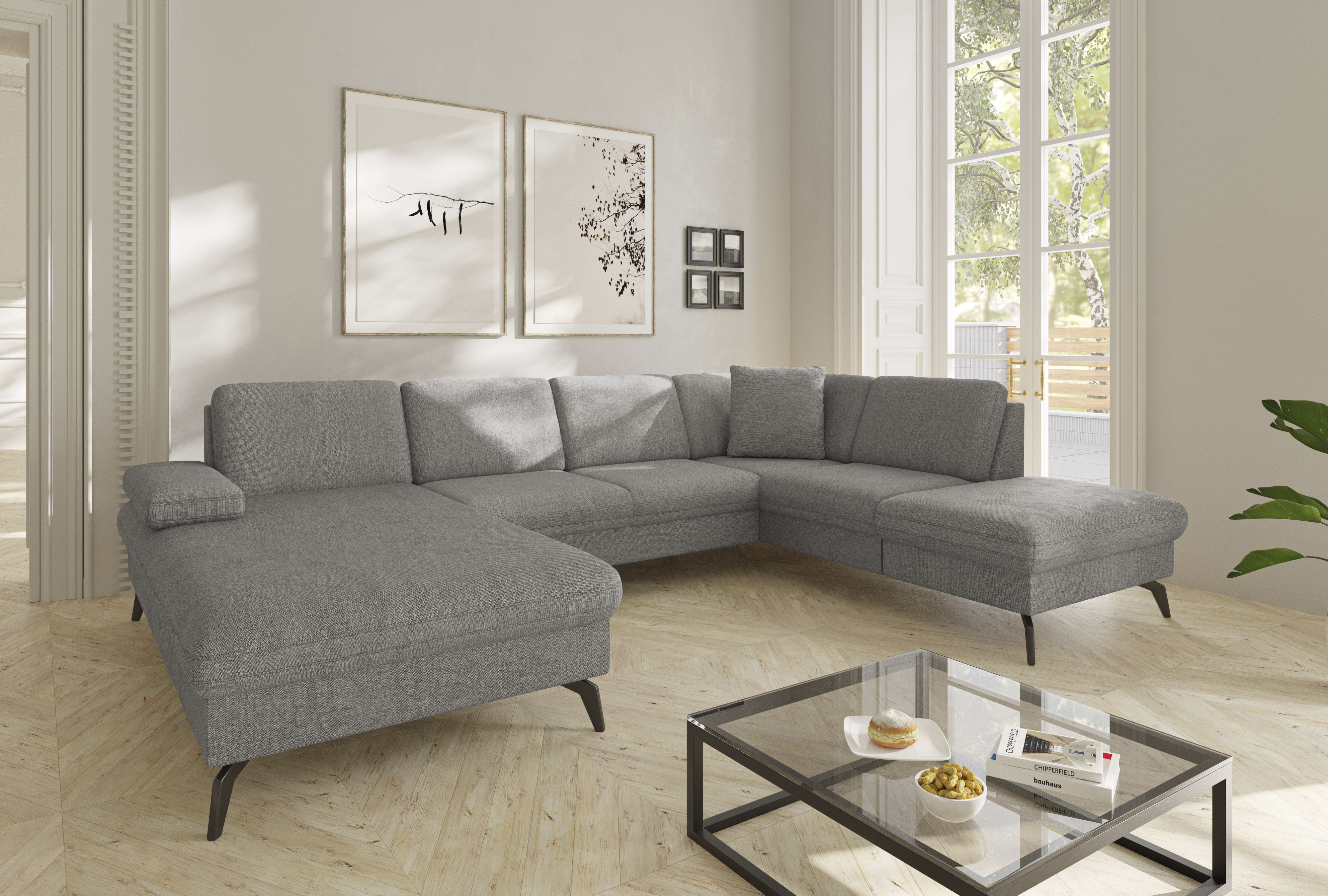 Wohnlandschaft SIT & MORE "Morris Jubi U-Form, B: 300 cm", grau, B:300cm H:83cm T:202cm, 100% Polyester, Sofas, Wohnlandschaft, mit Armteilfunktion & 1 Zierkissen, optional Bettfunktion, Topseller