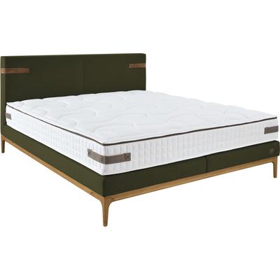 Boxspringbett BIRKENSTOCK "Iona", grün (olivgrün cww 33), B:201,5cm L:218cm, Loden CWW (70% Wolle, 25% Polyamid, 5% andere Fasern), Scheuertouren 40000, Komplettbetten, Boxspringbett, mit Lederlaschen am Kopfteil, mit Holzsockel in Eiche natur Image