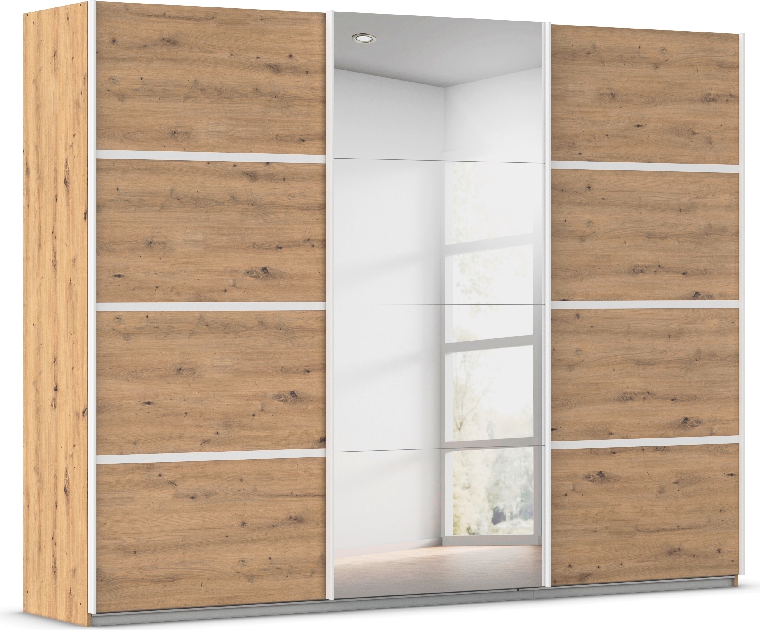 Kleiderschrank RAUCH "Schwebetürenschrank OTTO´s Choice Garderobe Schrank TOP ANGEBOT Avola", beige (eiche artisan, leisten weiß), B:271cm H:229cm T:62cm, Holzwerkstoff, Schränke, Kleiderschrank, mit eleganten Zierleisten in Chrom, Schwarz oder Weiß...