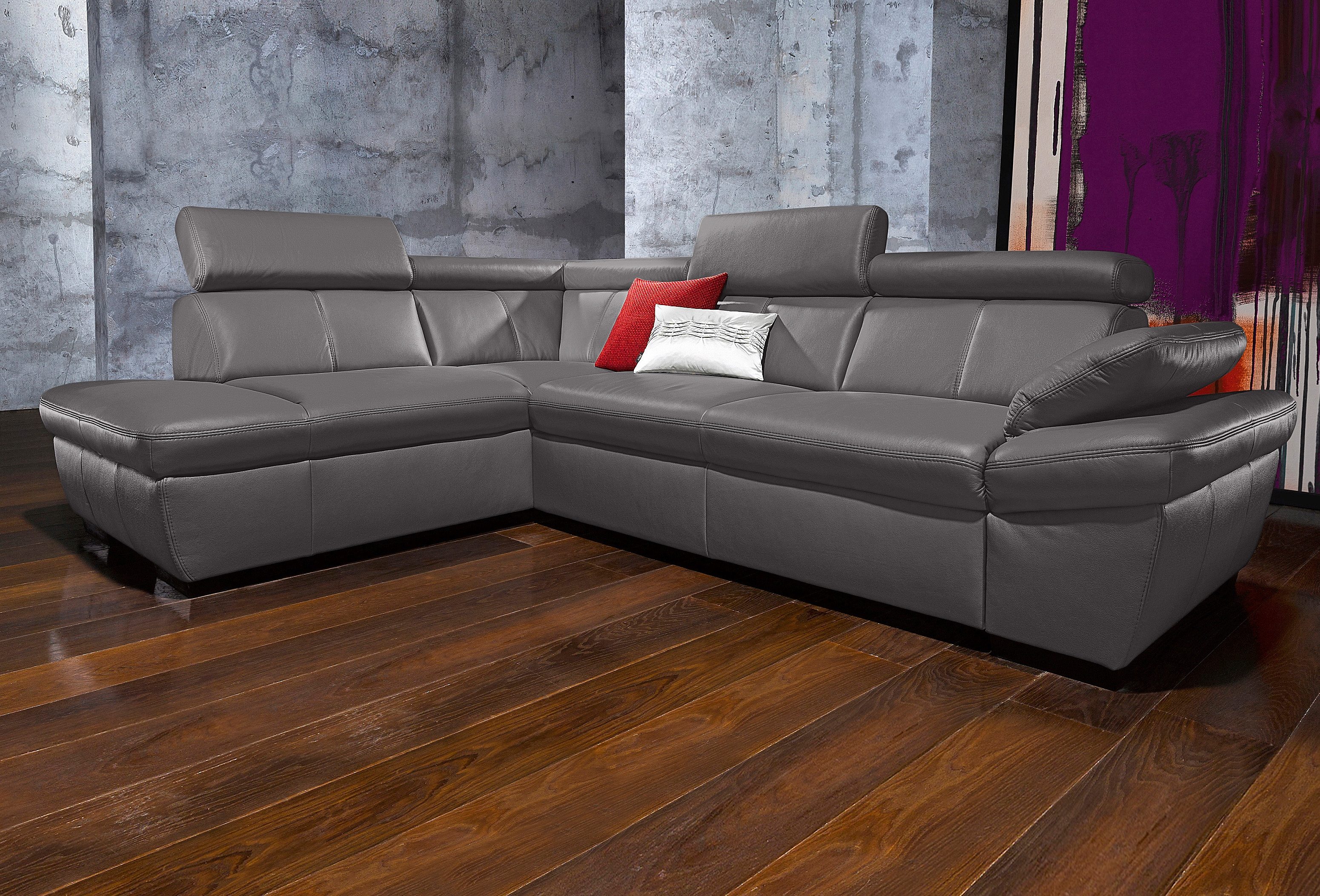 Ecksofa EXXPO - SOFA FASHION "Salerno, Funktionssofa, hoher Sitzkomfort, Breite 268cm, L-Form", grau (delfin), B:268cm H:77cm T:204cm, NaturLeder;Primabelle-Microfaser (100% Polyester);Luxus-Kunstleder, Sofas, Ecksofa, inkl. Kopf- und...