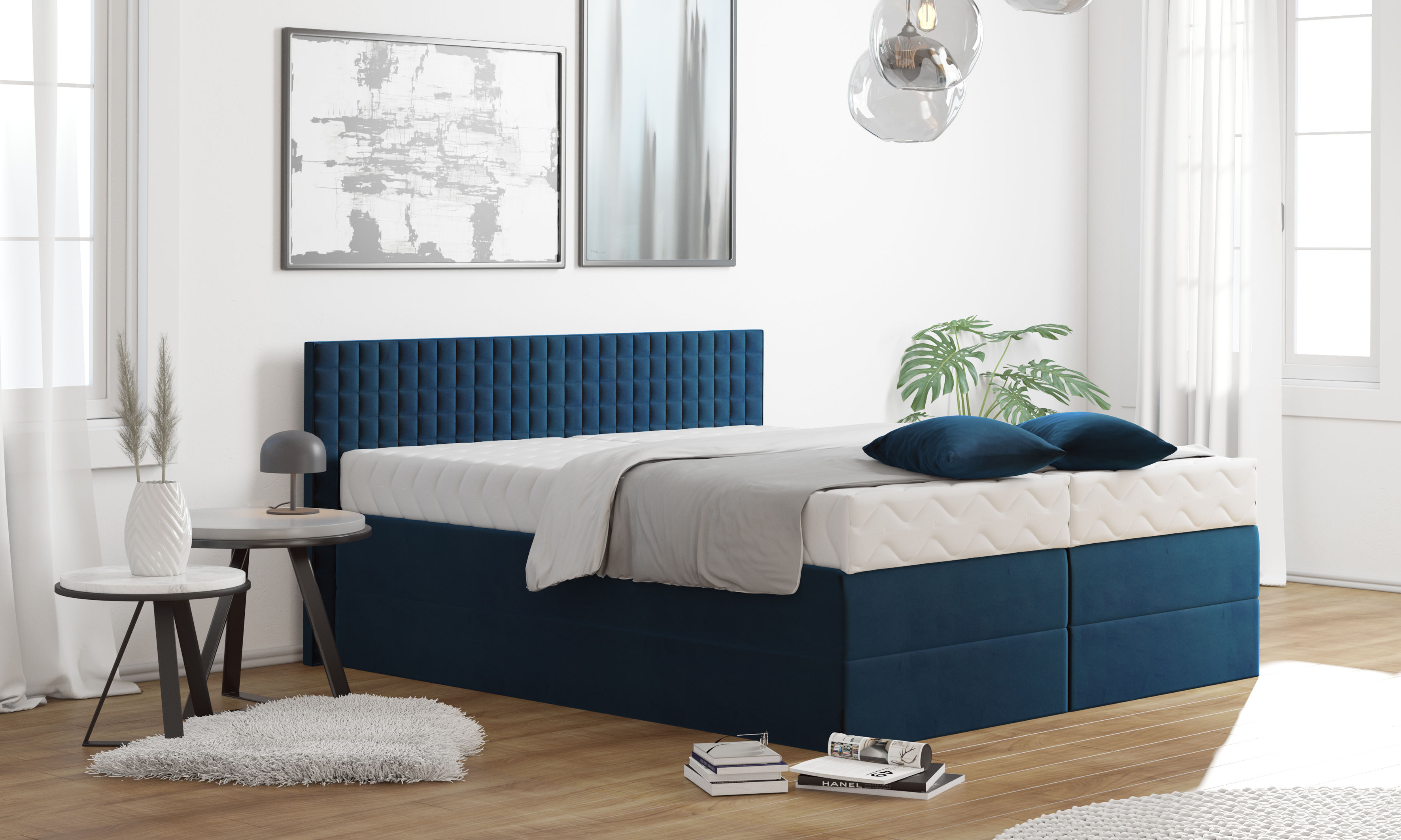 Boxspringbett, blau (königsblau), B:215cm L:210cm, Bezug: 100% Polyester;Polsterwatte: 100% Polyester, WESTFALIA SCHLAFKOMFORT, Komplettbetten, Boxspringbett, mit Zierkissen, wahlweise mit Topper Image