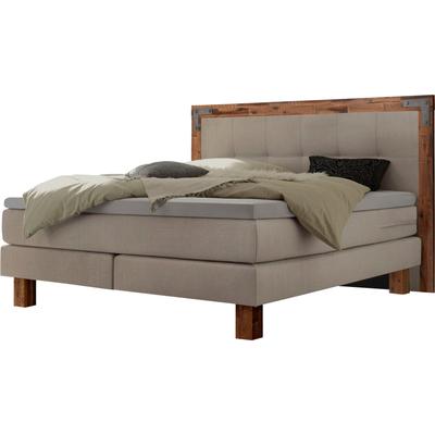 Boxspringbett HASENA "Memphis", beige (beige, akazie braun), B:198cm L:206cm, Komplettbetten, Boxspringbett, im Vintagelook, Massivholz-Umrandung, Tonnentaschen-Federkernmatratze Image