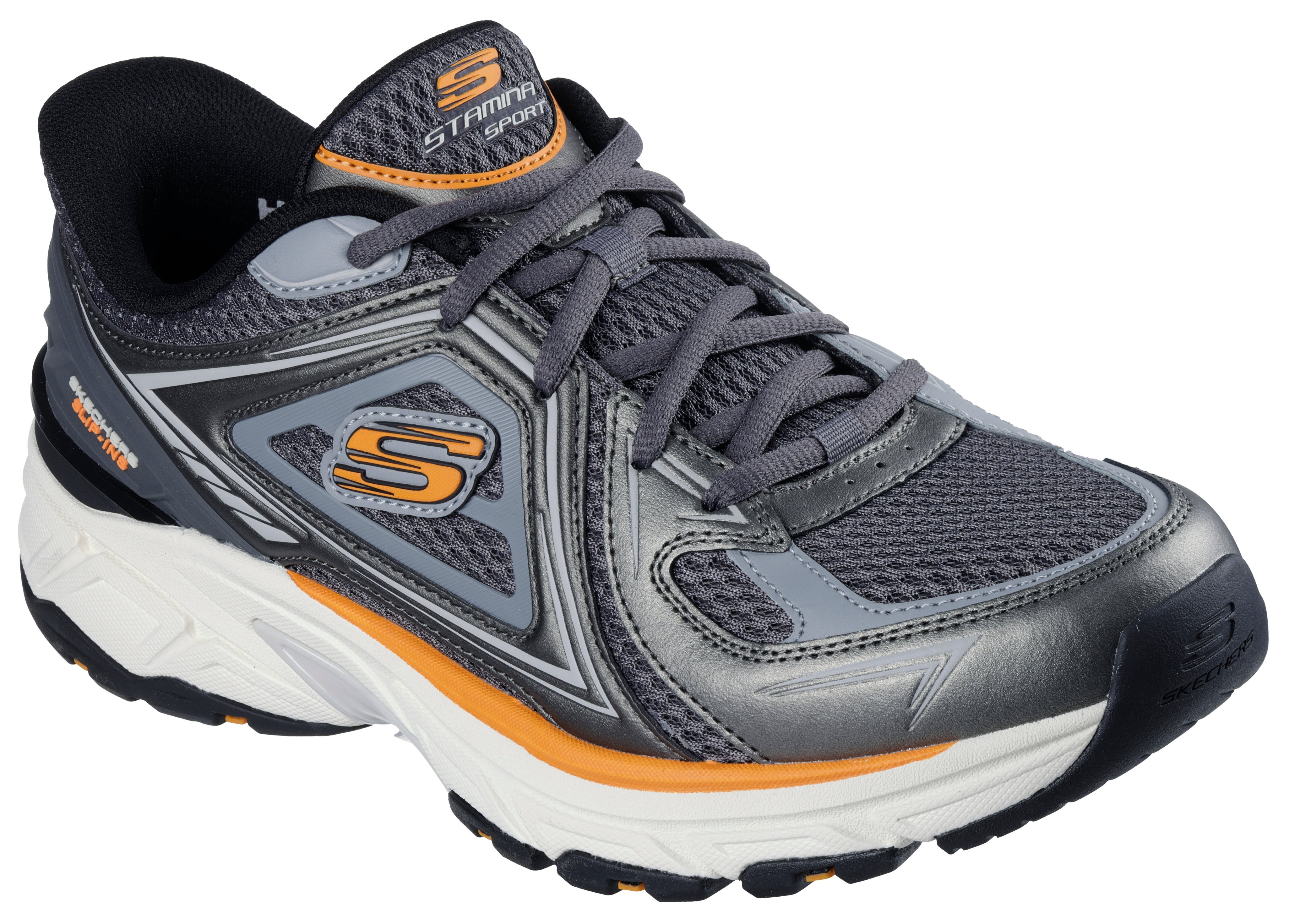 Slip-On Sneaker SKECHERS "STAMINA SPORT", Herren, Gr. 47,5, grau (dunkelgrau), Leder, Mesh, Sportlich, Schuhe, Trainingsschuh, Retro Sneaker mit Slip-ins