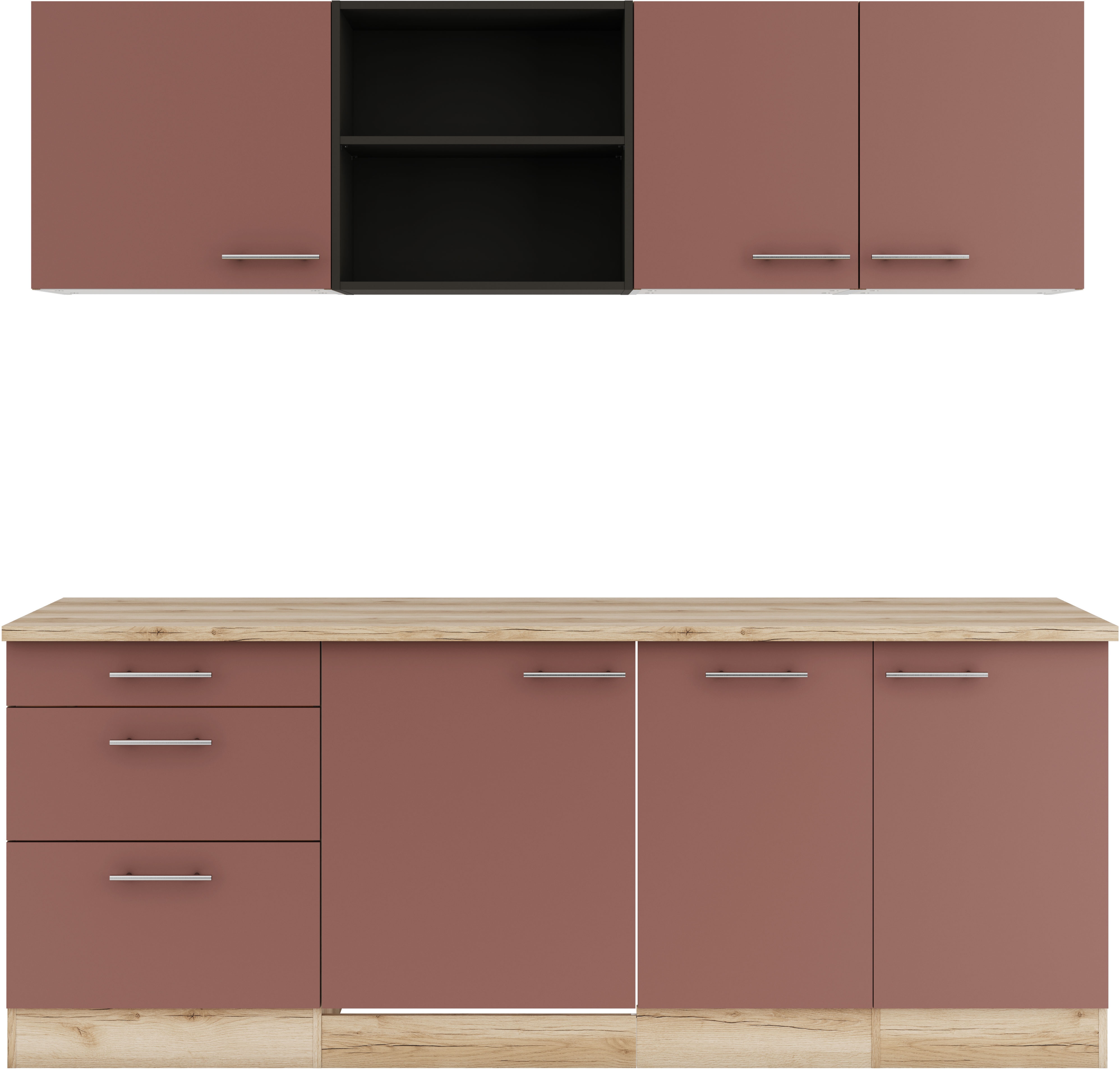 Küche OPTIFIT "Bella", rot, B:210cm T:60cm, Komplettküchen-Sets, Breite 210 cm, wahlweise mit E-Geräten Image