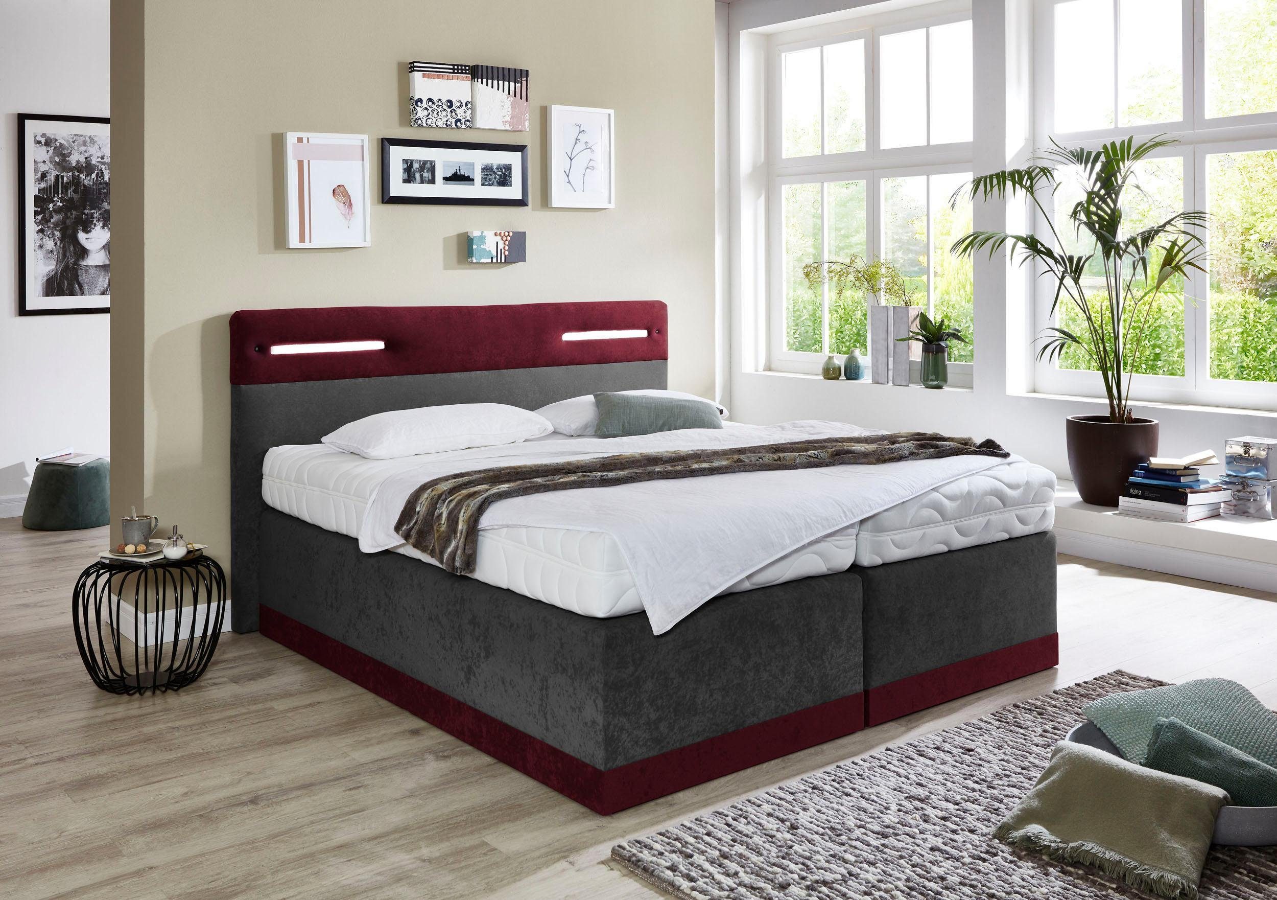 Boxspringbett, rot (bordeaux, anthrazit), Kaltschaum-Topper, Liegefläche B/L: 160cm x 200cm, H2 + H2, 7-Zonen-Kaltschaummatratze, Bezug Obermatratze 100% Polyester, waschbar bis 60C;Bezug Unterbox und Kopfteil: Mikrofaservelours (100% Polyester),... Image