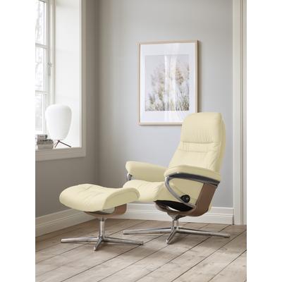 Relaxsessel STRESSLESS "Sunrise", beige (vanilla paloma), B:83cm H:105cm T:74cm, Leder PALOMA: PALOMA ist ein durchgefärbtes Semianilin-Möbelleder mit natürlicher Narbung., Sessel, mit Cross Base, Größe S, M & L, Holzakzent Eiche Image
