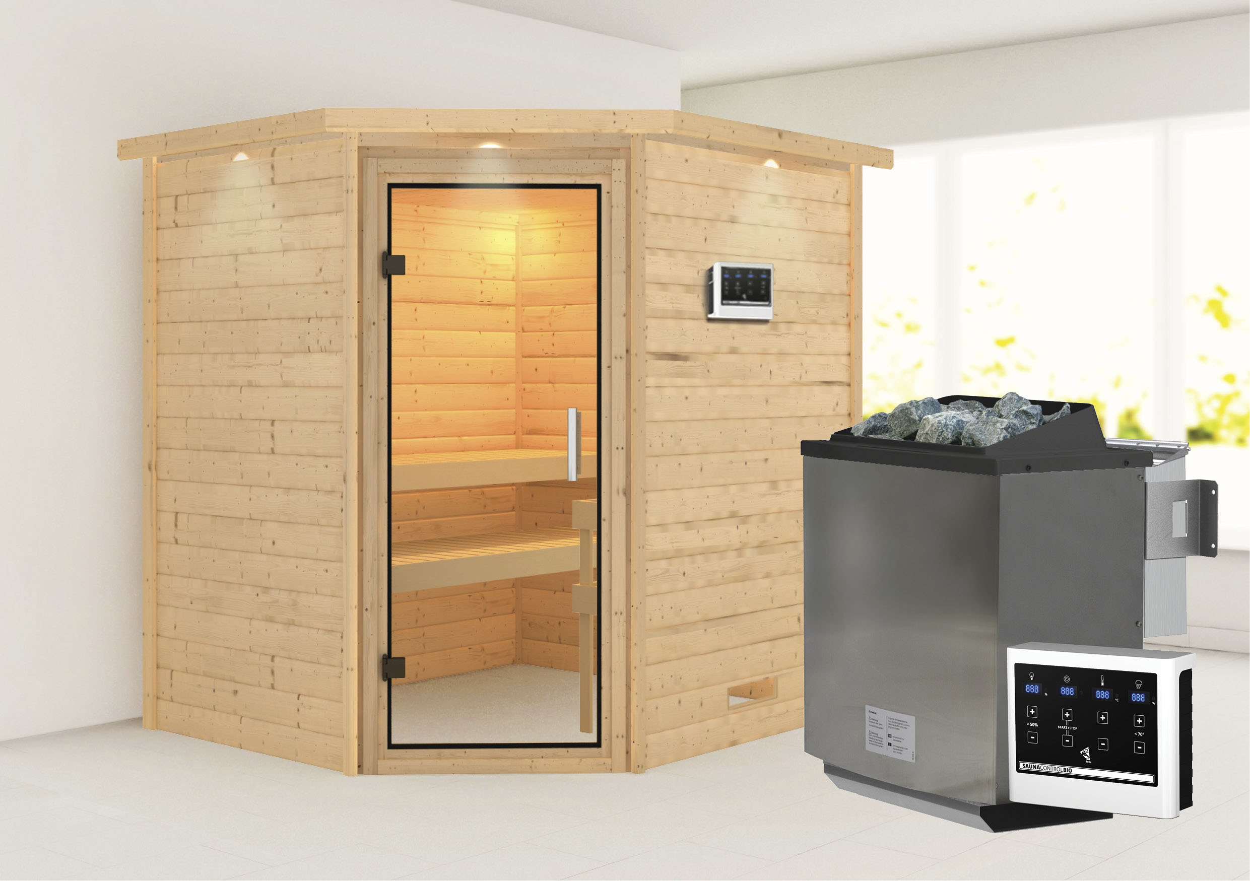 Sauna KARIBU "Mia (Fronteinstieg)", beige (naturbelassen), (ohne Ofen), Saunen, Ofen 9 kW Bio externe Strg easy