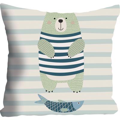 Dekokissen QUEENCE "Bär & Fisch", blau (altweiß, hellblau, blau, hellgrün, gestreift, bedruckt), B:40cm L:40cm, Polyester, Dekokissen_Sitzkissen_Kissenhüllen, Kissenhülle ohne Füllung, 1 Stück Image
