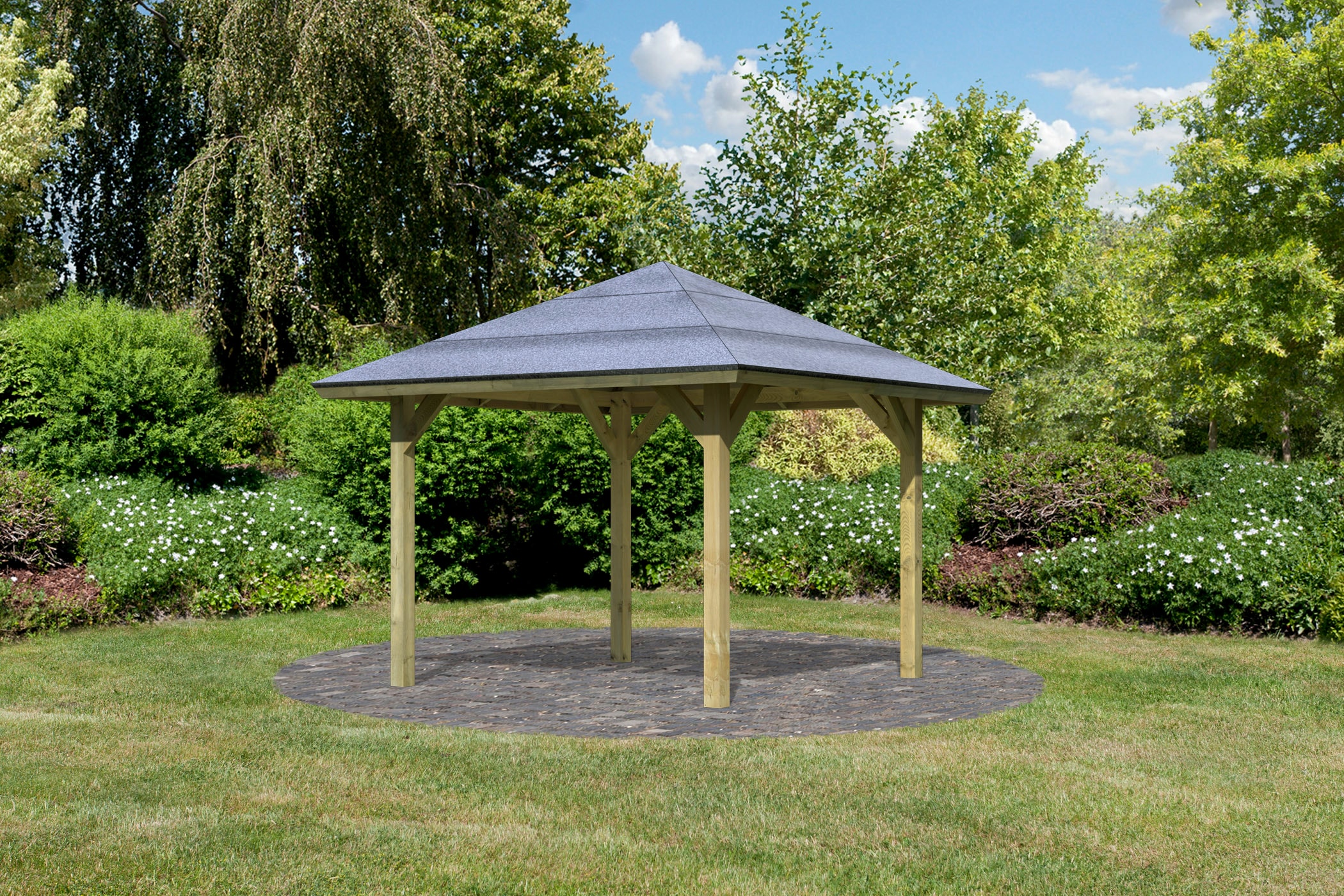 Pavillon KARIBU "Bergen 1", grau, B/H/T: 338cm x 290cm x 338cm, Pavillons, BxTxH: 338x338x290 cm, mit H-Pfostenanker