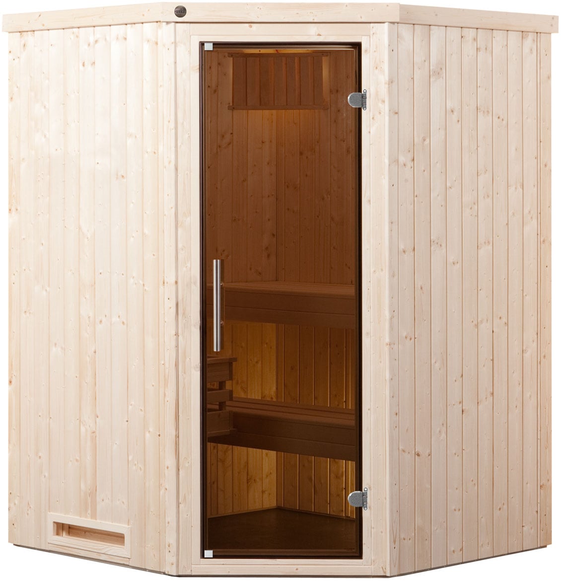 Sauna WEKA "Element-Ecksauna KIRUNA 1", beige (natur), Saunaofen, integrierte Steuerung, 3,6 kW, Saunen, vorgefertigte Elemente, moderne Ganzglastür, Eckeinstig Image