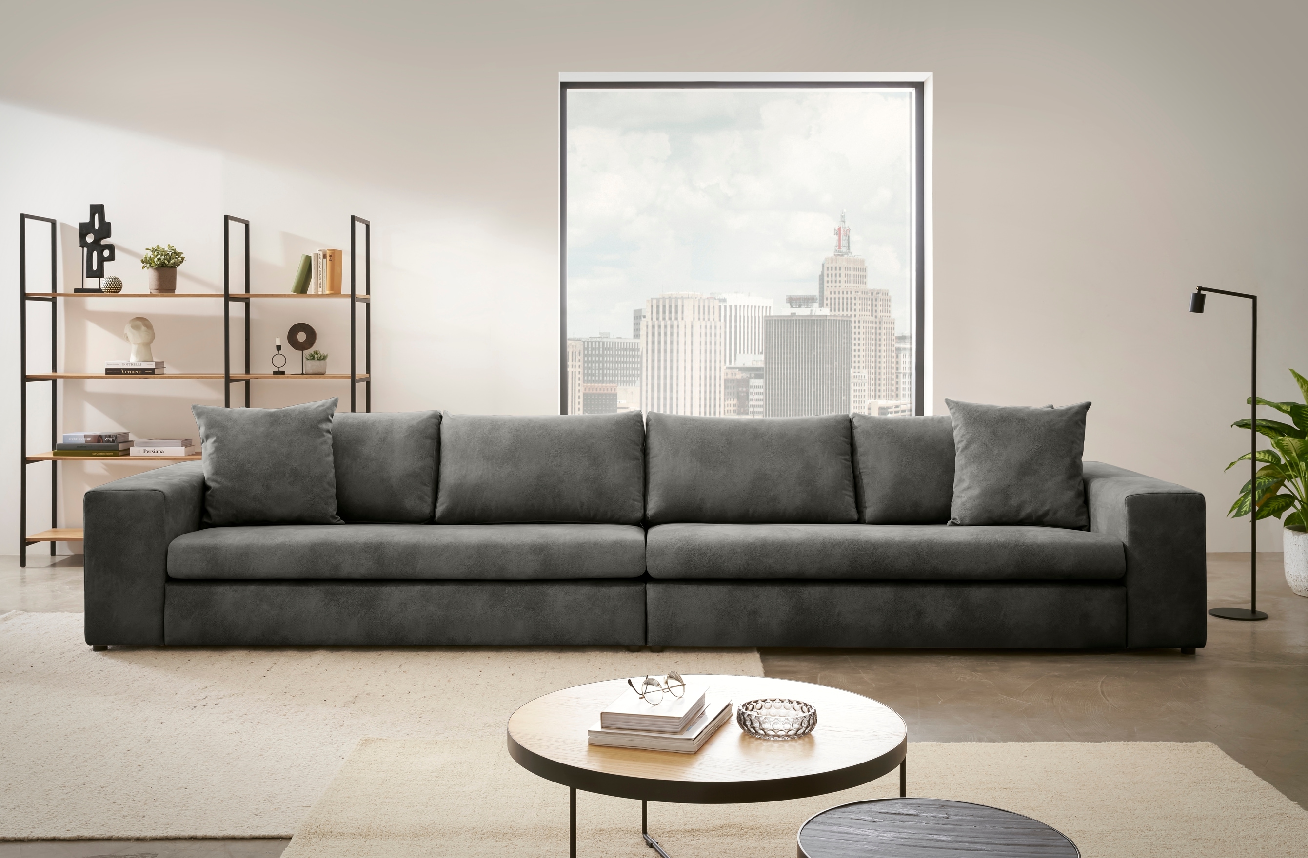 4-Sitzer HOME AFFAIRE "SLEETLAND XXL in Samtvelours oder Vintage-Leder-Optik", grau (dunkelgrau), B:400cm H:72cm T:113cm, Sofas, besonders groß und bequem