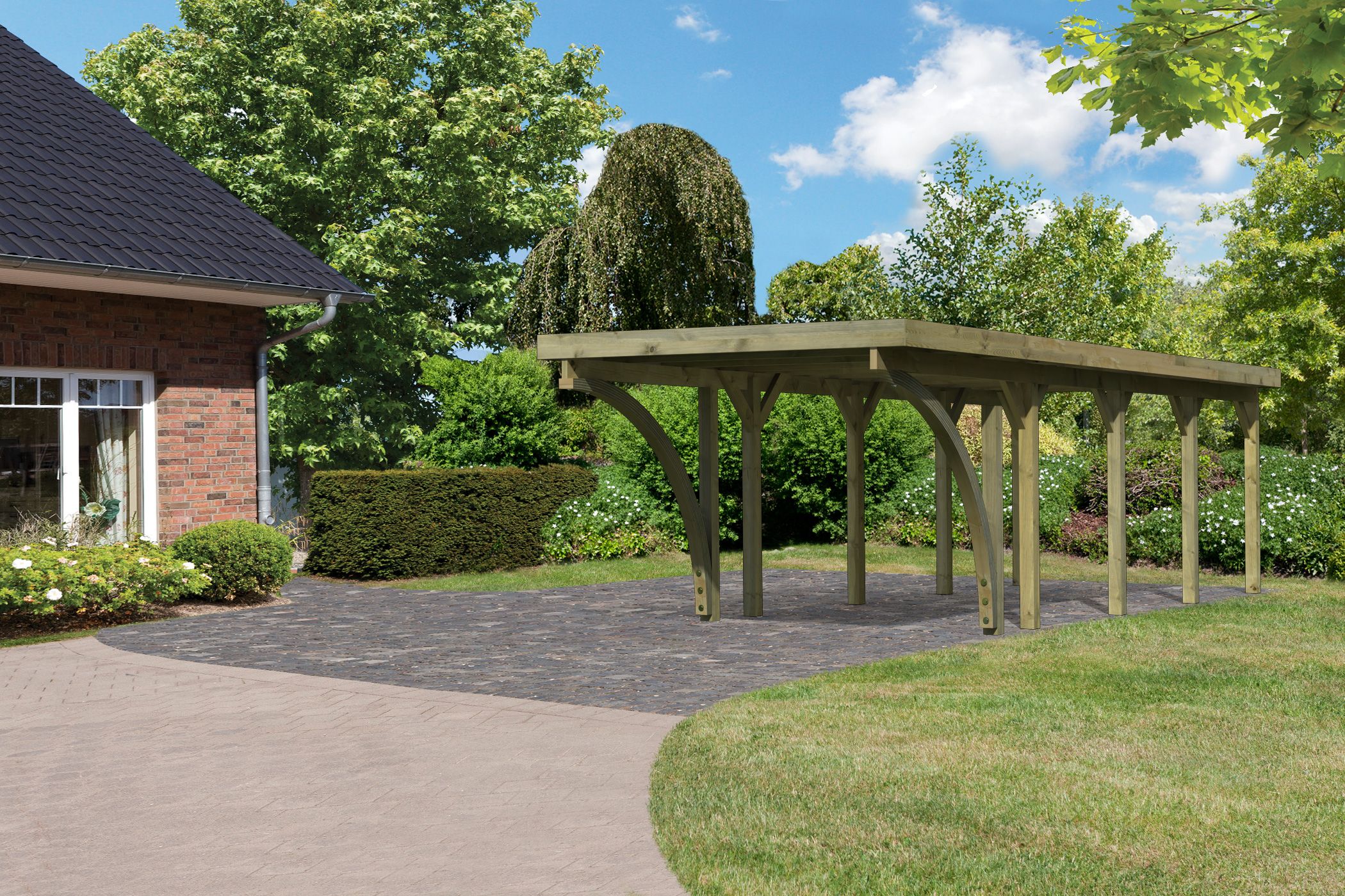 Einzelcarport KARIBU "»Classic 3 SET« Stahl-Dach Variante C, inkl. zwei Einfahrtsbogen", kdi, B/H/T: 273cm x 206cm x 657,5cm, Carports, aus Masivholz Image