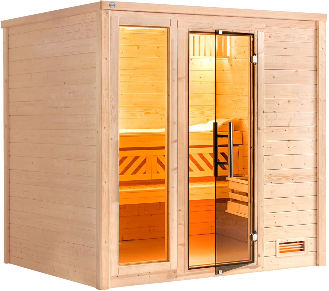 Sauna WEKA "Massivholzsauna BERGEN 2", beige (natur), Saunaofen, externe Steuerung, 7,5 kW, Saunen, Blockbohlen, Fensterelement, moderne Ganzglastür
