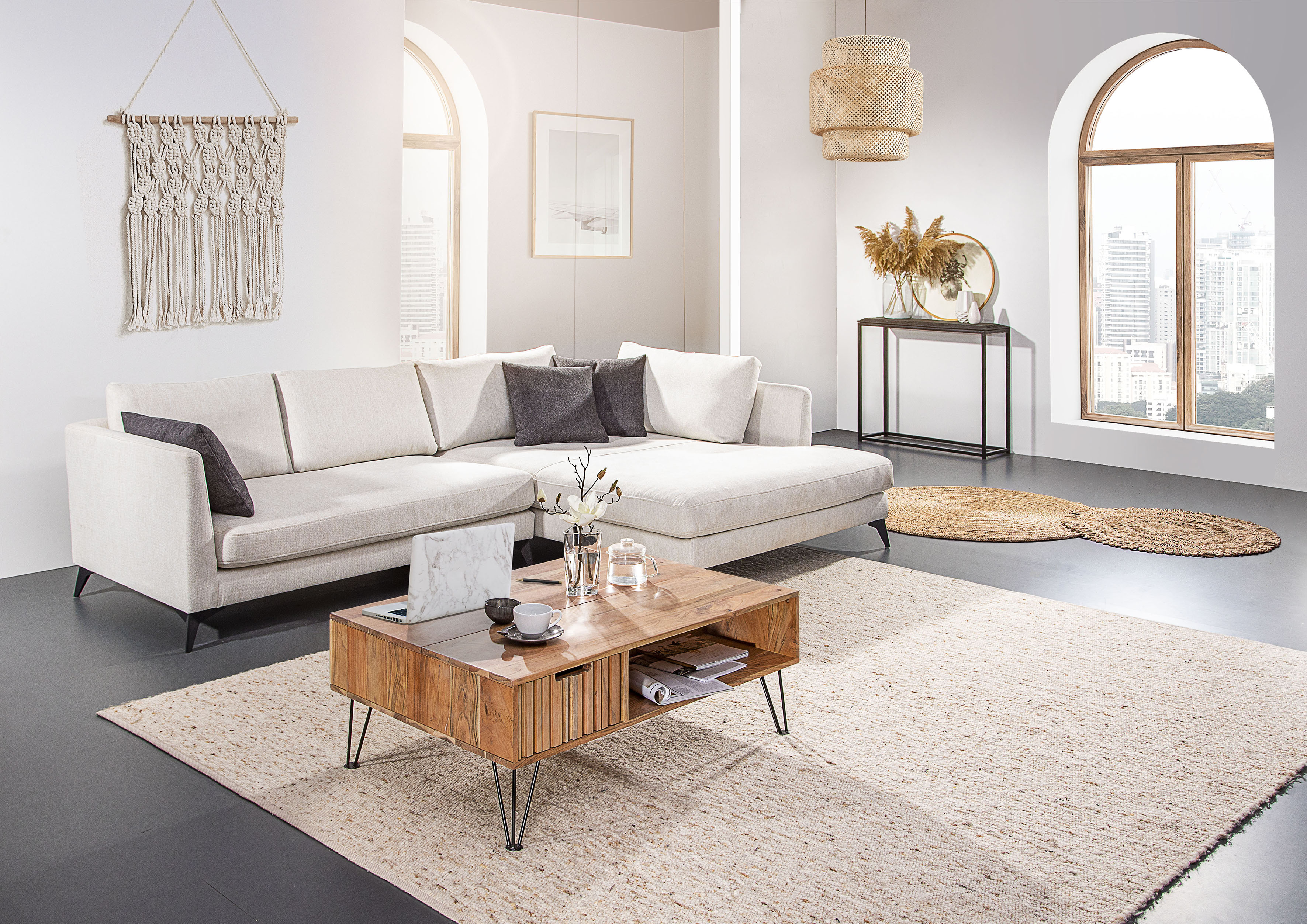 Couchtisch GUTMANN FACTORY "Hudson", beige (natur, schwarz, natur), B:100cm H:40cm T:70cm, Tische, Couchtisch, höhenverstellbar