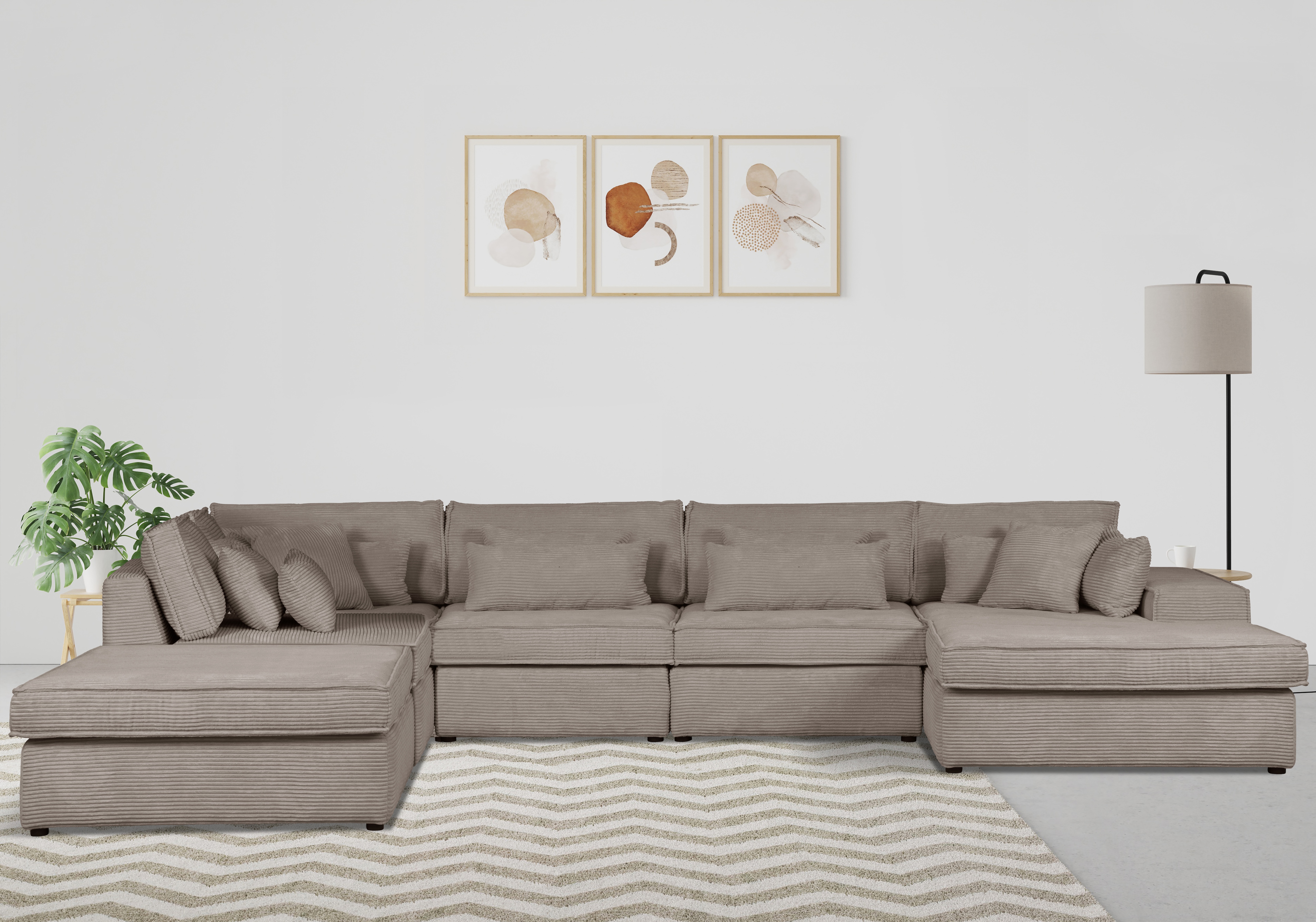 Wohnlandschaft OTTO HOME "Florid U-Form", grau (taupe), B:360cm H:75cm T:260cm, Baumwollmix (60% Baumwolle/40% Leinen);Struktur fein (100% Polyester);Samtoptik (100% Polyester), Sofas, Wohnlandschaft, 6 Teile, bestehend aus Modulen, viele...