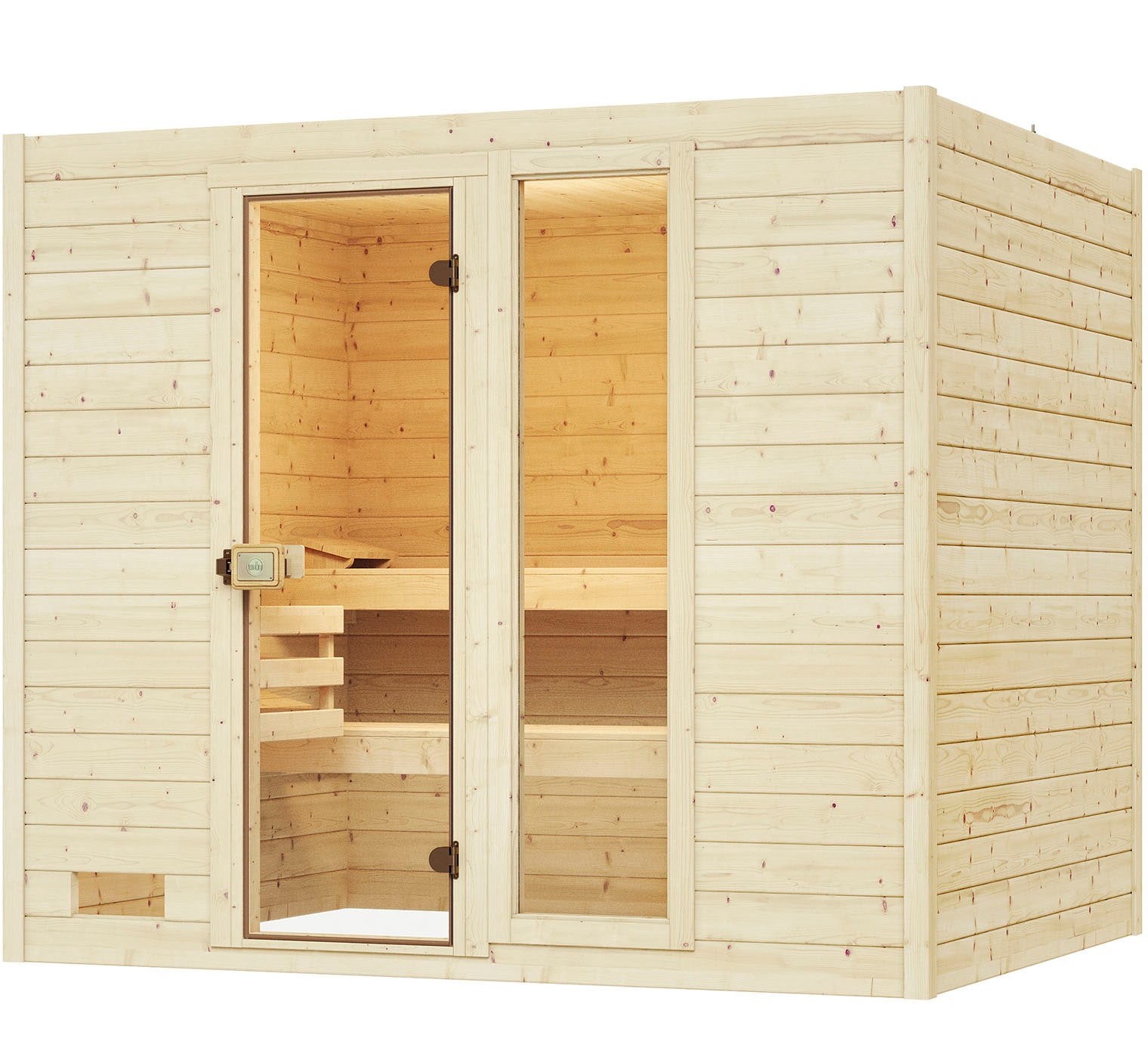 Sauna WEKA "Massivholzsauna VALIDA 4", beige (natur), Saunaofen, externe Steuerung, 9 kW, Saunen, Blockbohlen, Fensterelement, moderne Ganzglastür