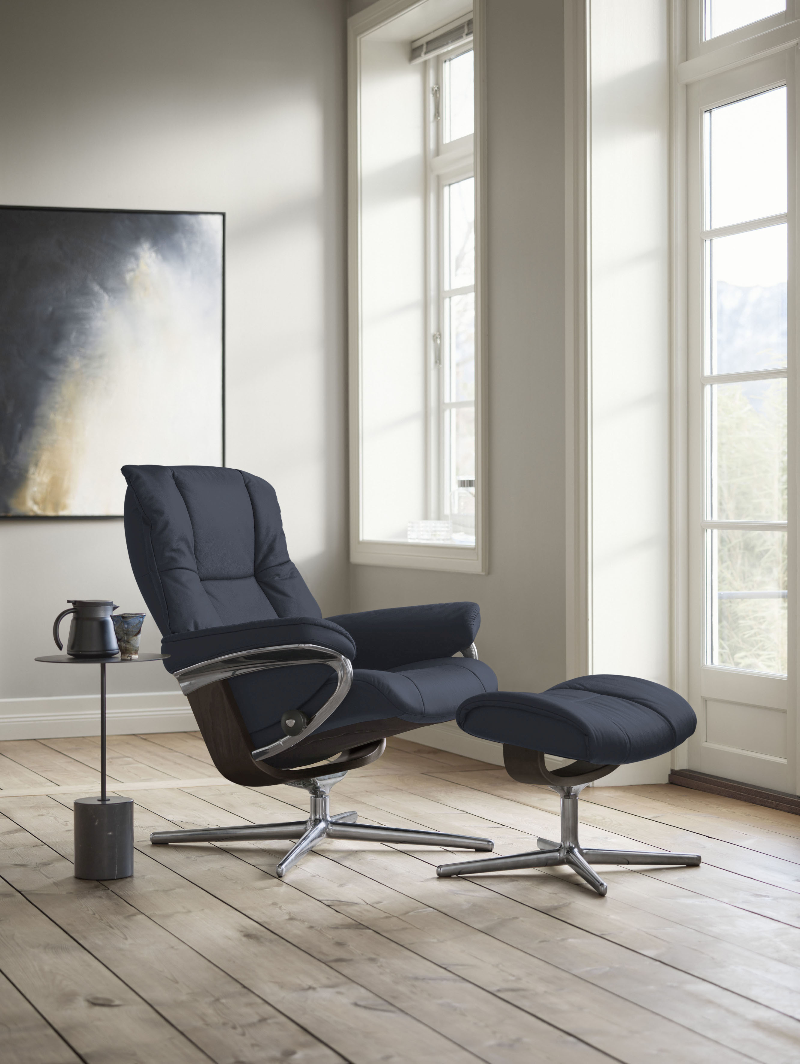 Relaxsessel STRESSLESS "Mayfair", blau (oxford blau paloma), B:83cm H:102cm T:74cm, Leder PALOMA: PALOMA ist ein durchgefärbtes Semianilin-Möbelleder mit natürlicher Narbung., Sessel, Relaxsessel, mit Hocker, mit Cross Base, Größe S, M & L,...