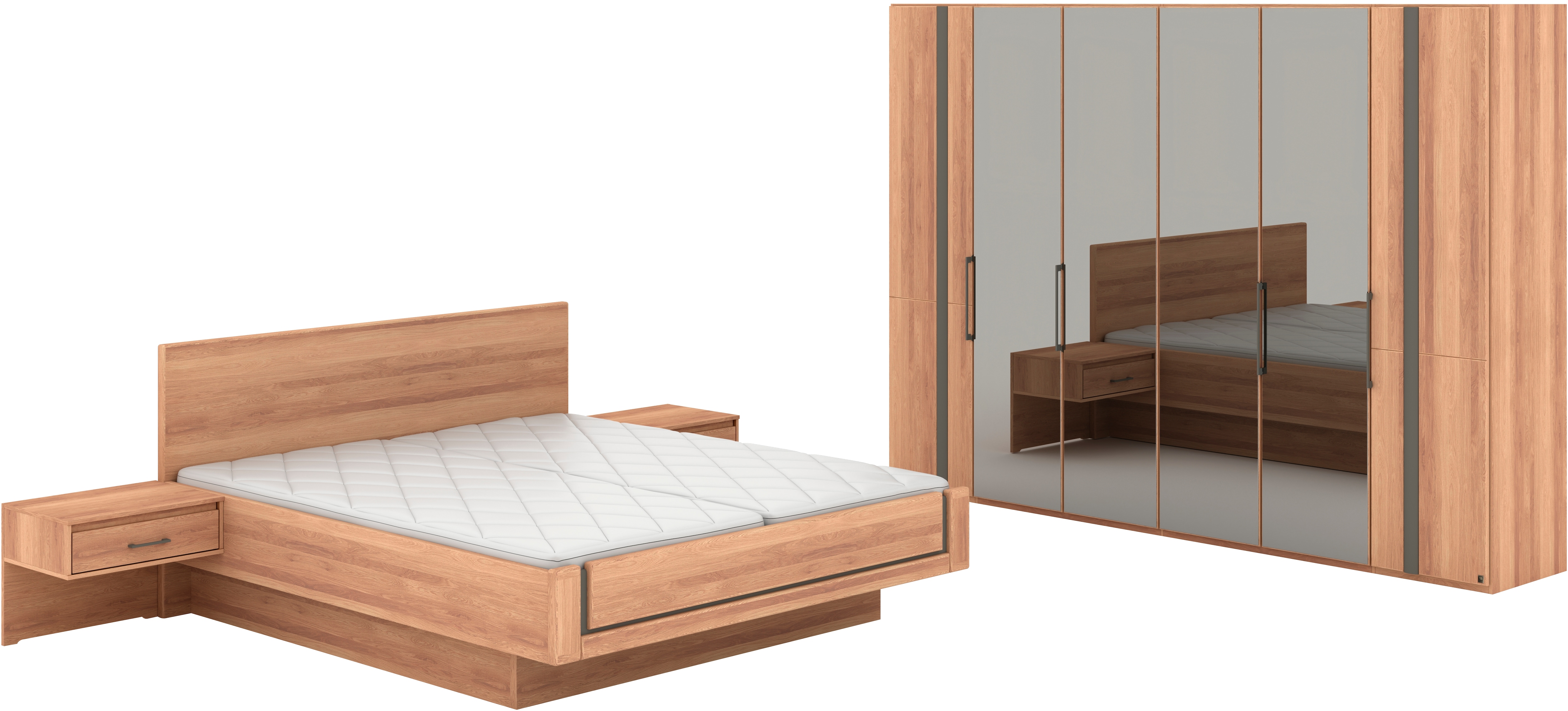 Schlafzimmer-Set MUSTERRING "Sorrent, Kleiderschrank, Bett & Nachtkommoden, teilmassiv Eiche", braun, Schrank 300cm Breit / 216cm Hoch + ohne Matratze, B/H: 180cm x 200cm, Schrank 300cm Breit / 216cm Hoch, Glas, Hartfaserplatte, Holz teilmassiv,...