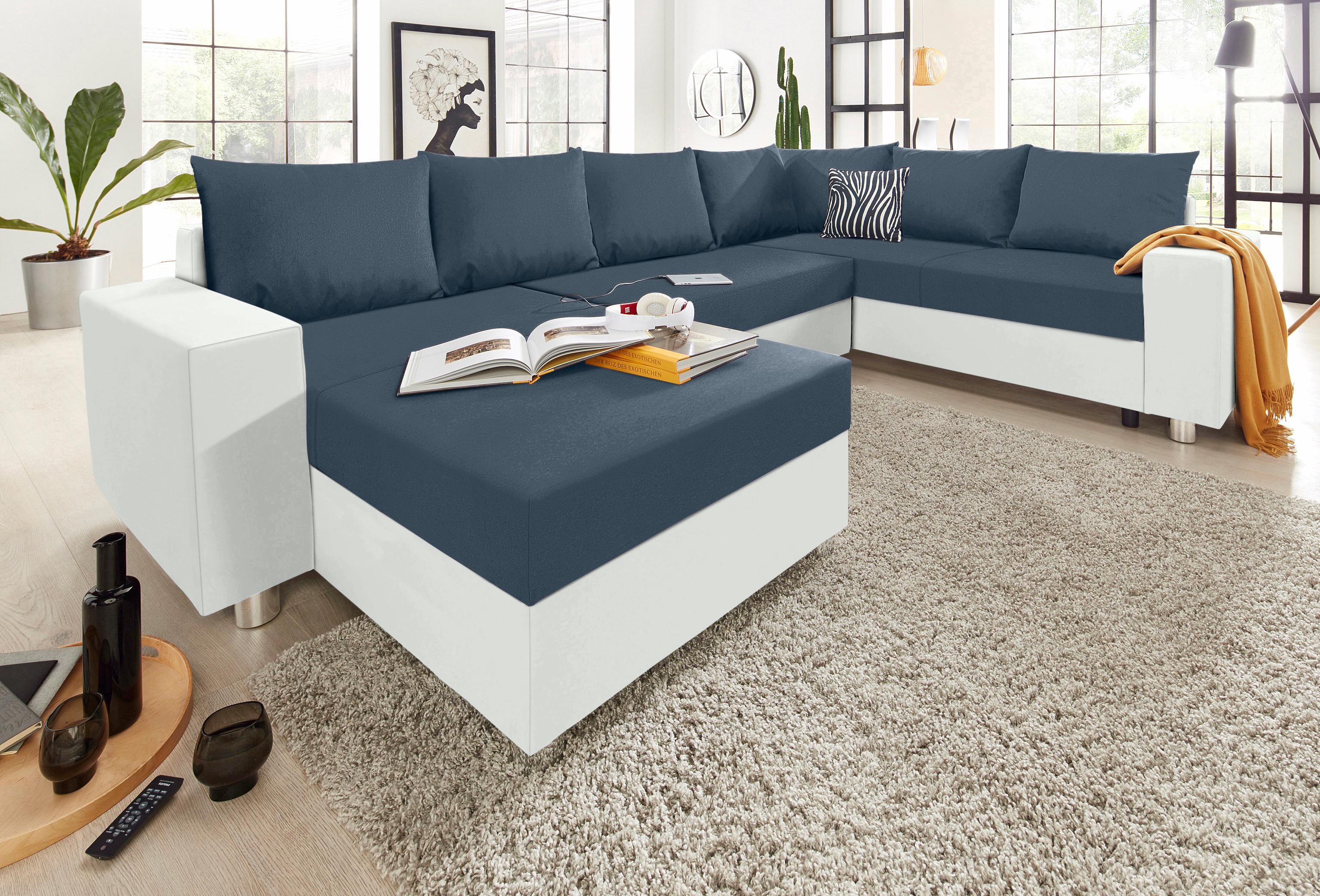 Wohnlandschaft COLLECTION AB "Paris U-Form", weiß (weiß, blau), B:310cm H:85cm T:212cm, Kunstleder SOFTLUX / Struktur (100% Polyester);Microfaser PRIMABELLE (100% Polyester);Zierkissen: 100% Polyester;Microfaser PRIMABELLE (100% Polyester) /...