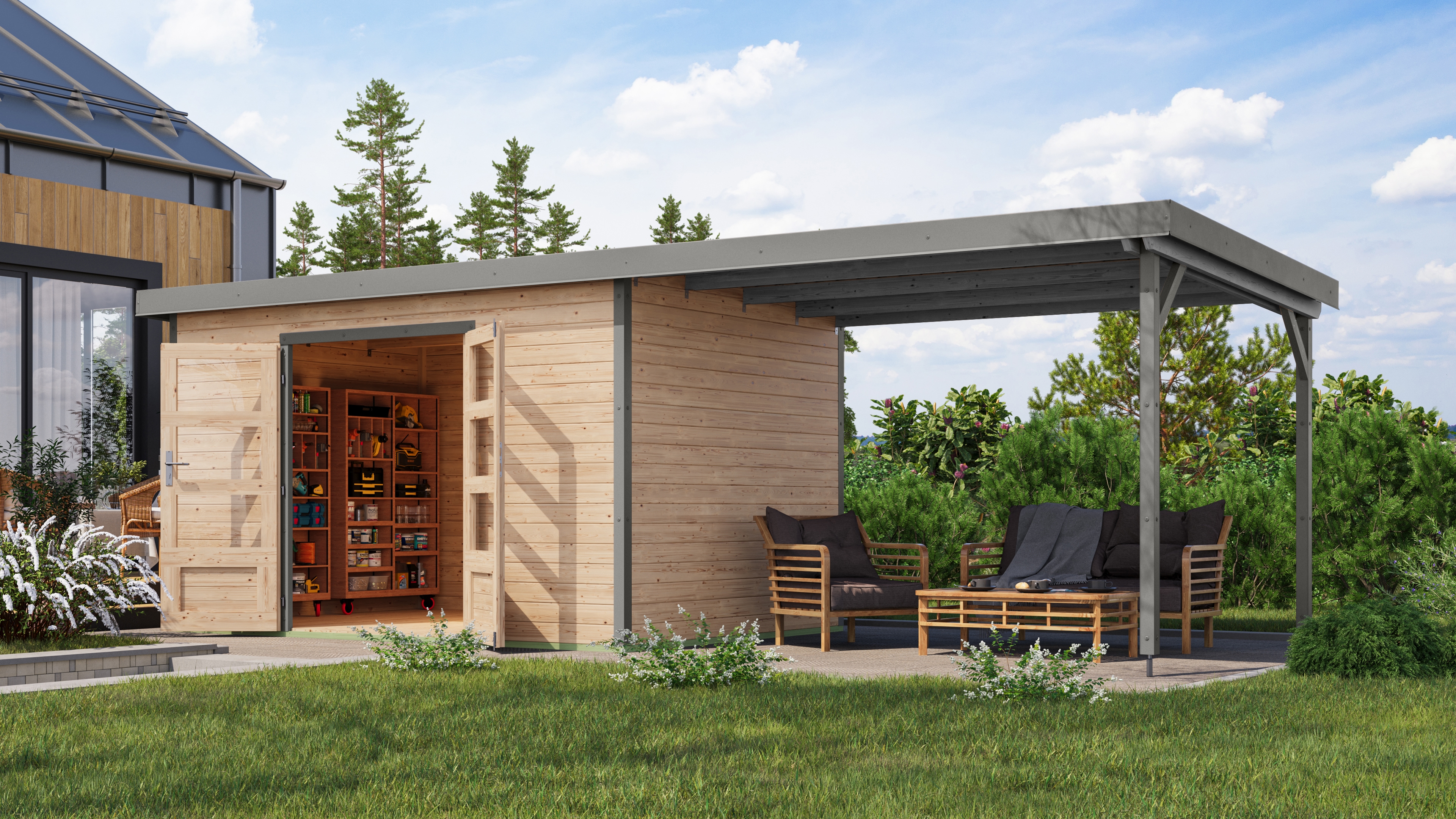 Gartenhaus KARIBU "Pluto 7 A", beige (naturbelassen, grau), ohne Fußboden, ohne Rück- und Seitenwand, ohne Dacheindeckung, Holz, Stahl, Gartenhäuser, aus hochwertigen Materialien Image