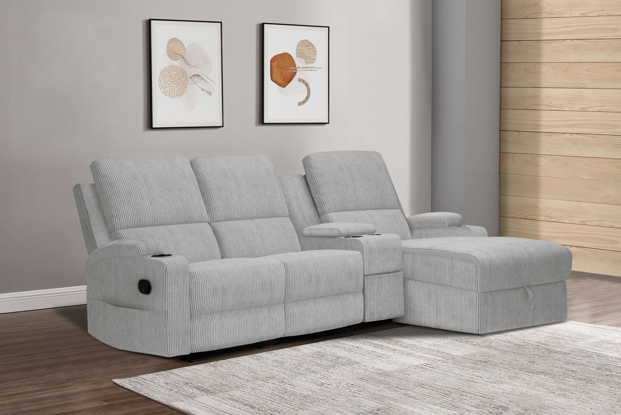 Ecksofa HOME AFFAIRE "NAPORI Multimediasofa, 3er Kinosessel XXL, L-Form, Cord", grau, B:240cm H:105cm T:155cm, Sofas, Ecksofa, Kinosofa mit Relaxfunktion, Getränkehalter, Staufach und Staukasten