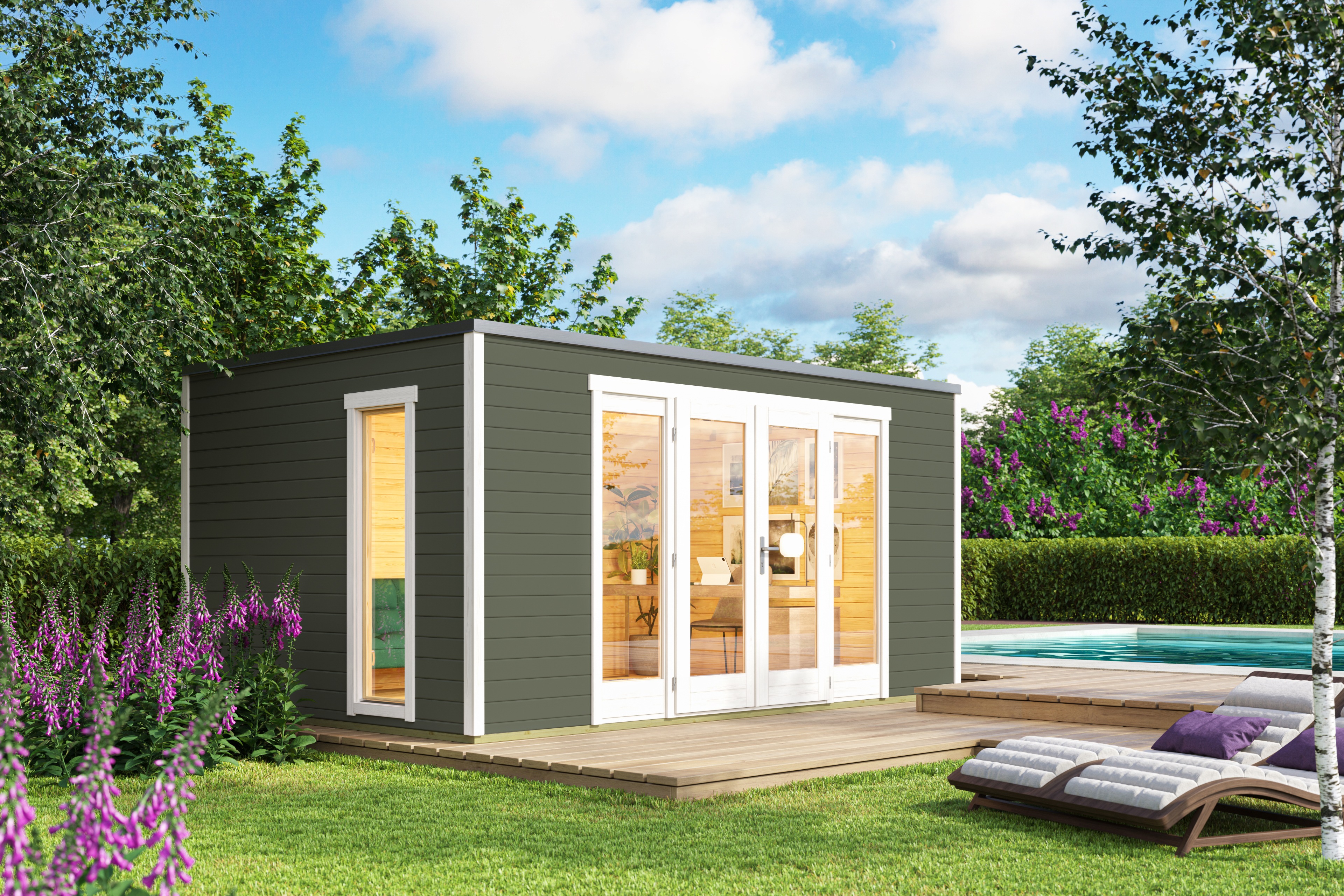 Gartenhaus NORDIC HOLZ "Palermo 2", grün (grüngrau), Fußboden im Gartenhaus, Massivholzdach, Holz, Gartenhäuser, Gartenhaus, mit großen Glasflächen