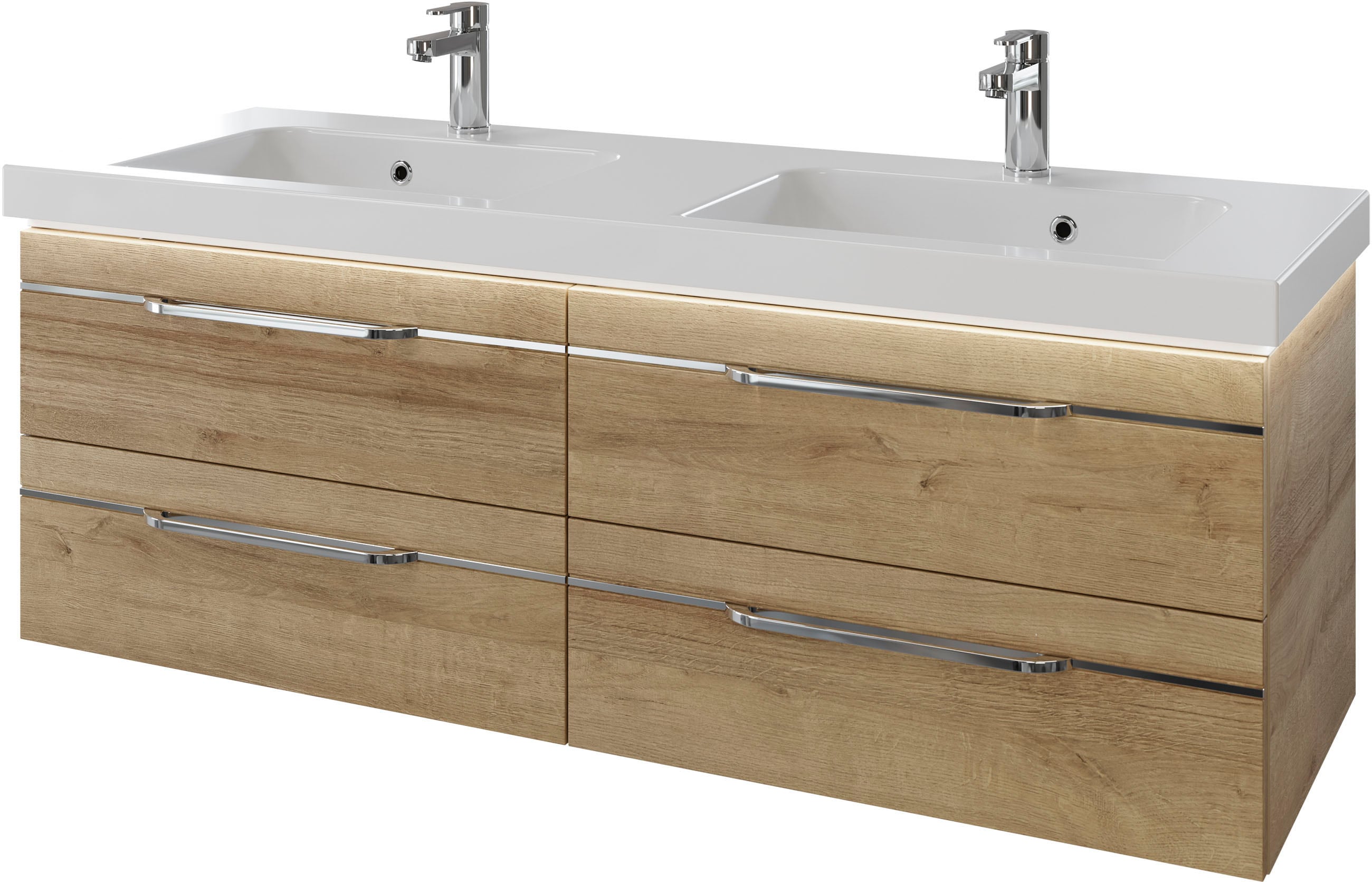 Waschtisch SAPHIR "Serie Balto Mineralmarmor-Waschtisch mit Unterschrank, 147,8 cm breit", braun (riviera eiche quer nachbildung, riviera eiche quer nachbildung), B:148,2cm H:55,6cm T:50,8cm, Waschtische, Doppel-Waschplatz mit 4 Schubladen, in... Image